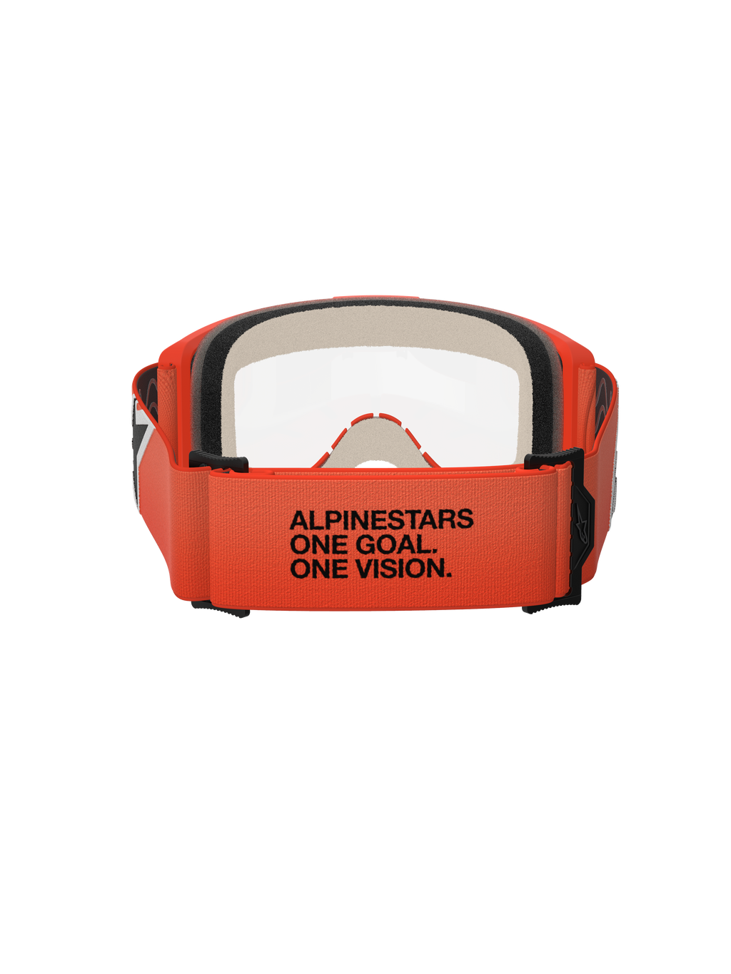 Alpinestars Vision 5 Corp Goggles, achteraanzicht, oranje band met zwarte 'ALPINESTARS ONE GOAL. ONE VISION.' tekst, oranje frame en heldere lens, motorcross oogbescherming