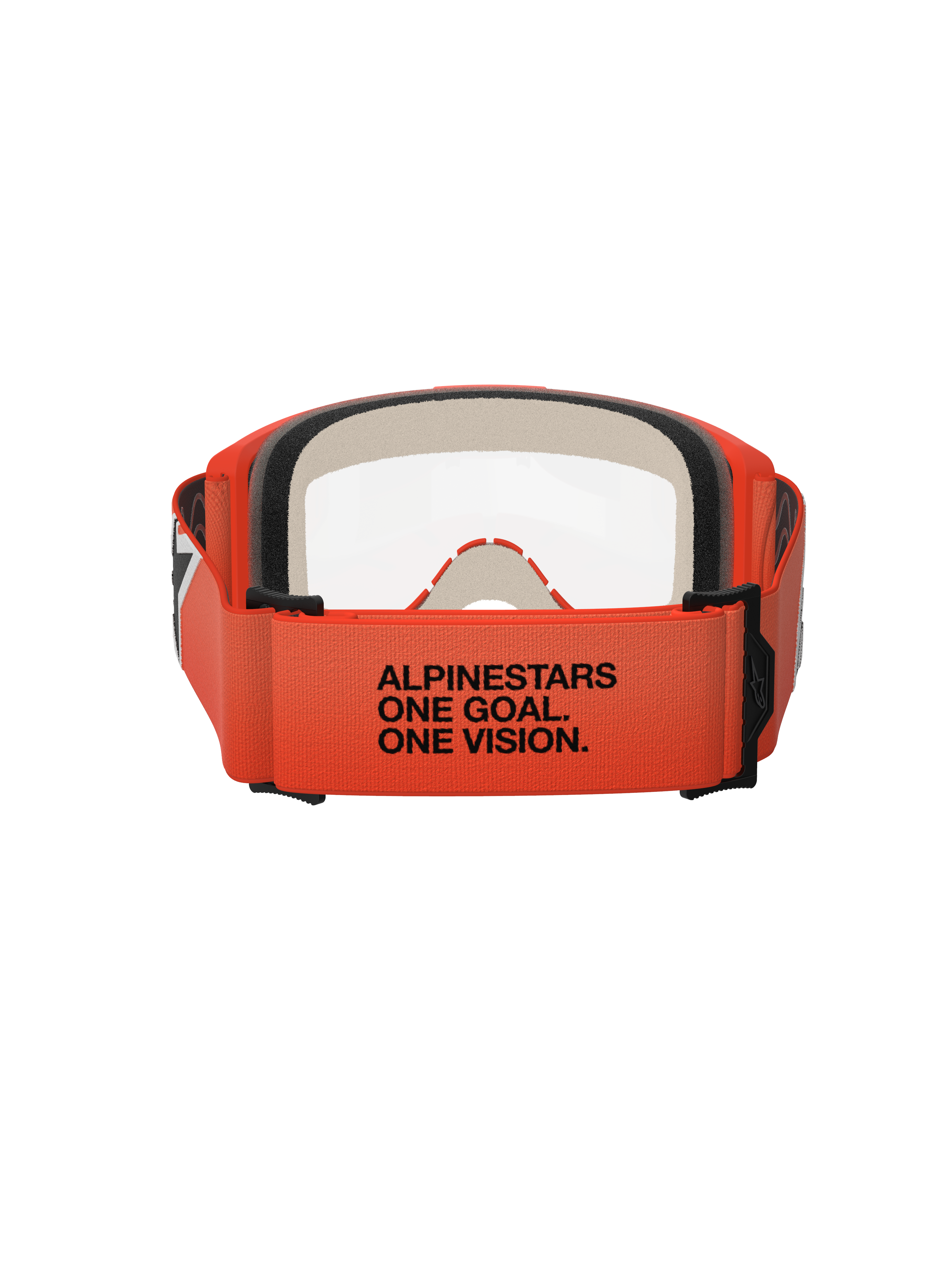 Alpinestars Vision 5 Corp Goggles, achteraanzicht, oranje band met zwarte 'ALPINESTARS ONE GOAL. ONE VISION.' tekst, oranje frame en heldere lens, motorcross oogbescherming
