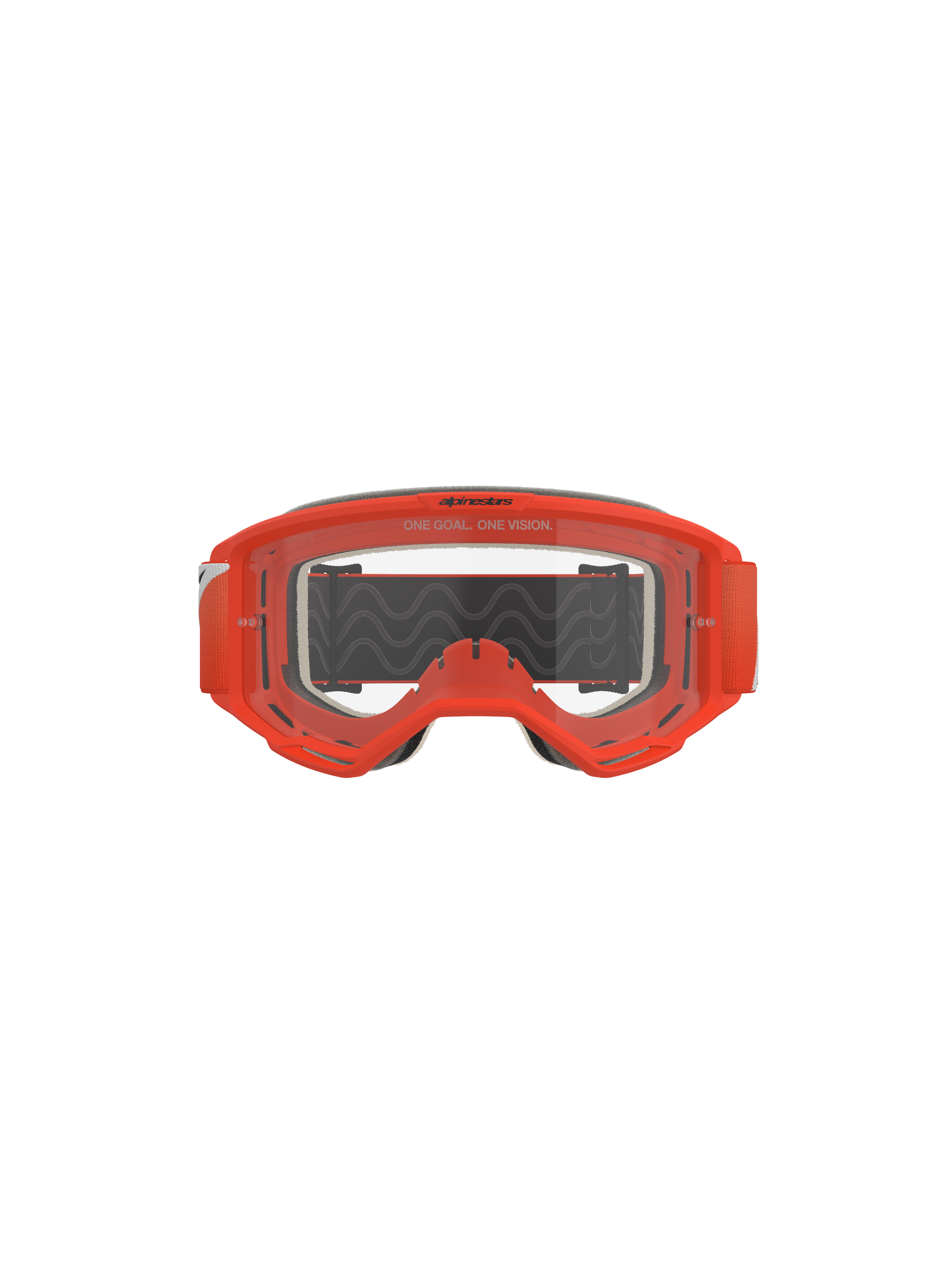 Alpinestars Vision 5 Corp Goggles, motorcrossbril, oranje met heldere lens, vooraanzicht met een opvallend oranje frame, transparante anti-condens lens met 'One Goal. One Vision' branding, grijs gezichtsschuim en een zwarte band met golvende siliconen grip.