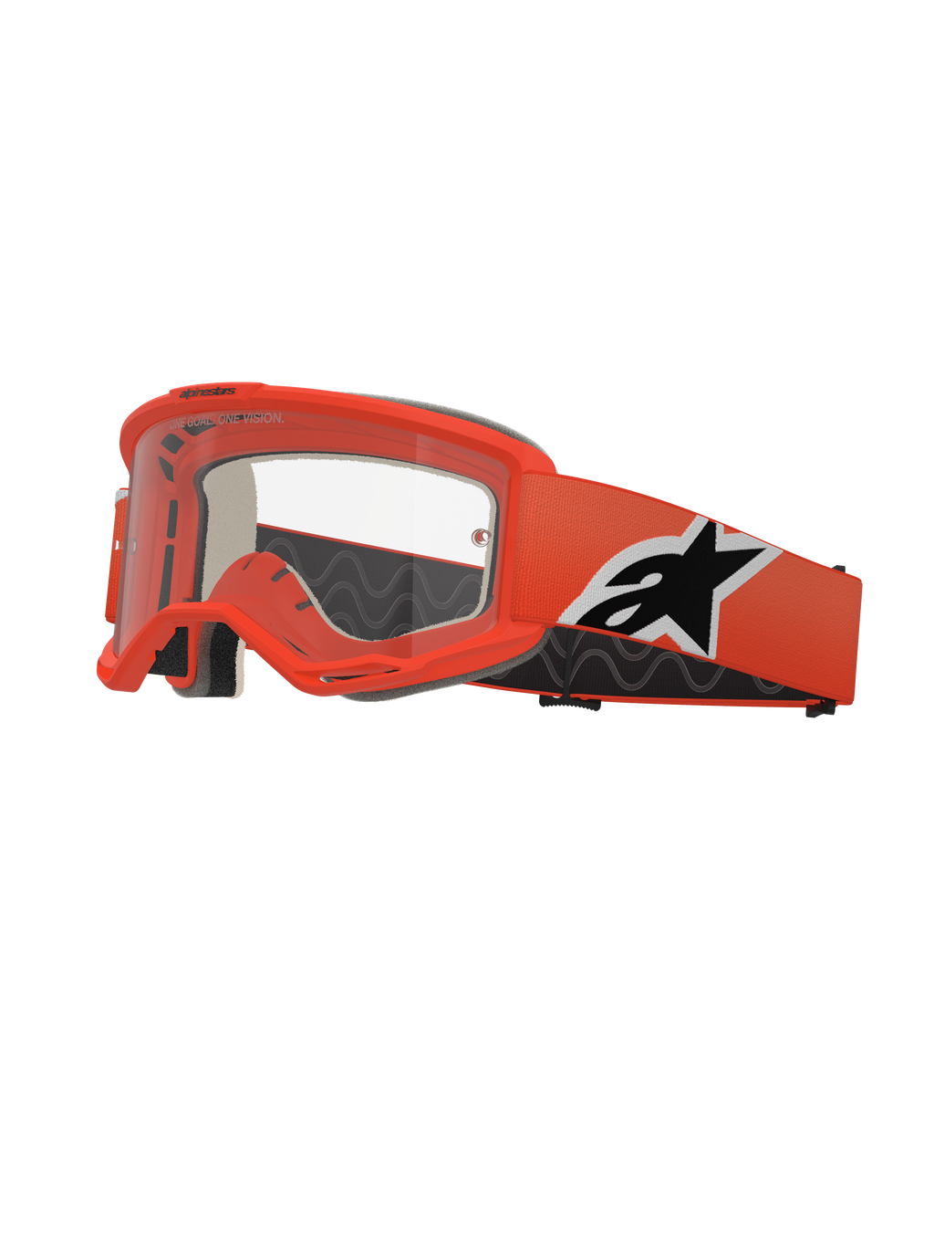 Alpinestars Vision 5 Corp crossbril, motorcross goggle, feloranje, heldere lens, oranje band met zwart-wit Alpinestars-logo, dikke zwarte schuimvulling, RAM-AIR ventilatieopeningen, aerodynamisch ontwerp voor off-road racen