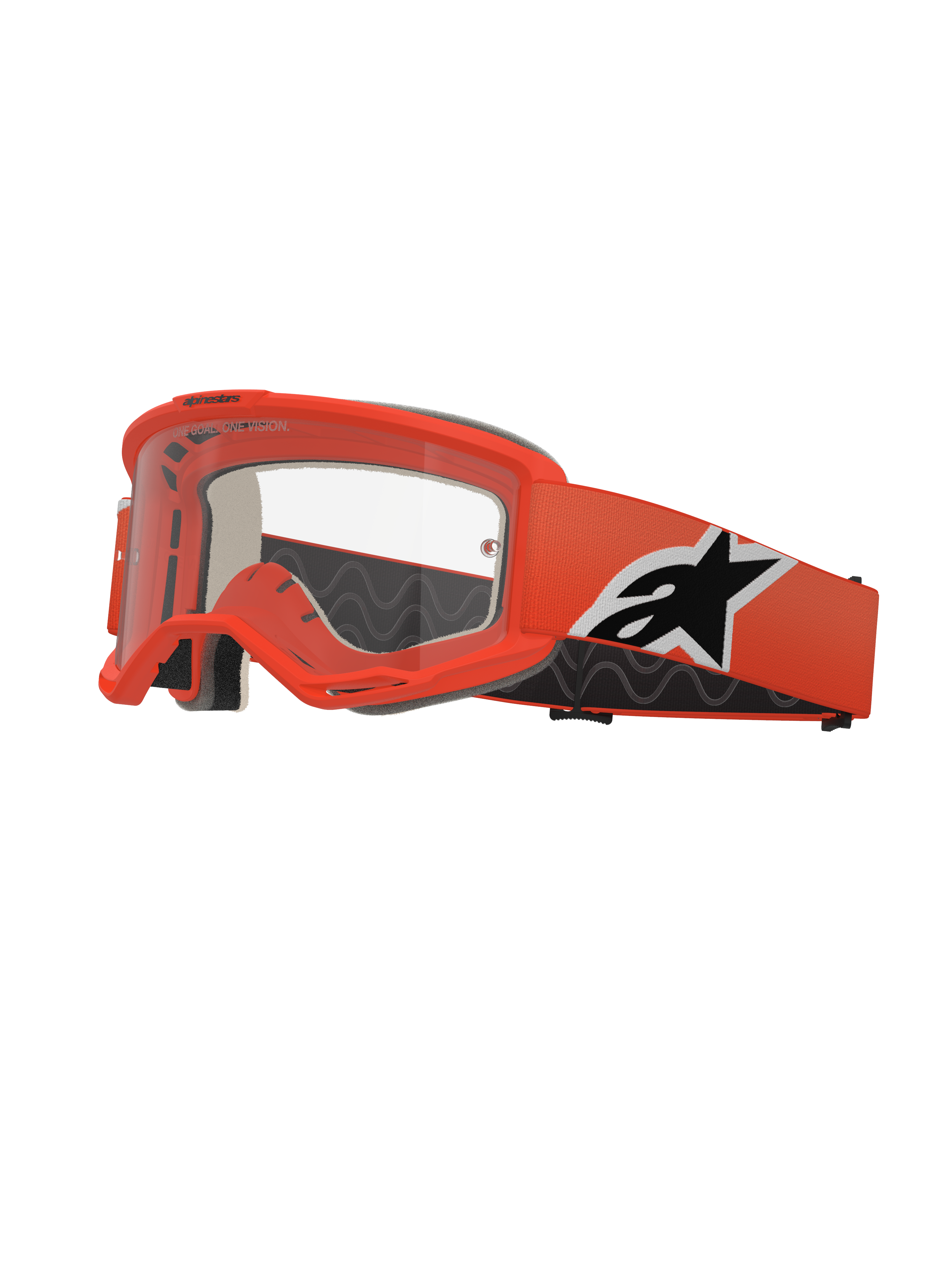Alpinestars Vision 5 Corp crossbril, motorcross goggle, feloranje, heldere lens, oranje band met zwart-wit Alpinestars-logo, dikke zwarte schuimvulling, RAM-AIR ventilatieopeningen, aerodynamisch ontwerp voor off-road racen
