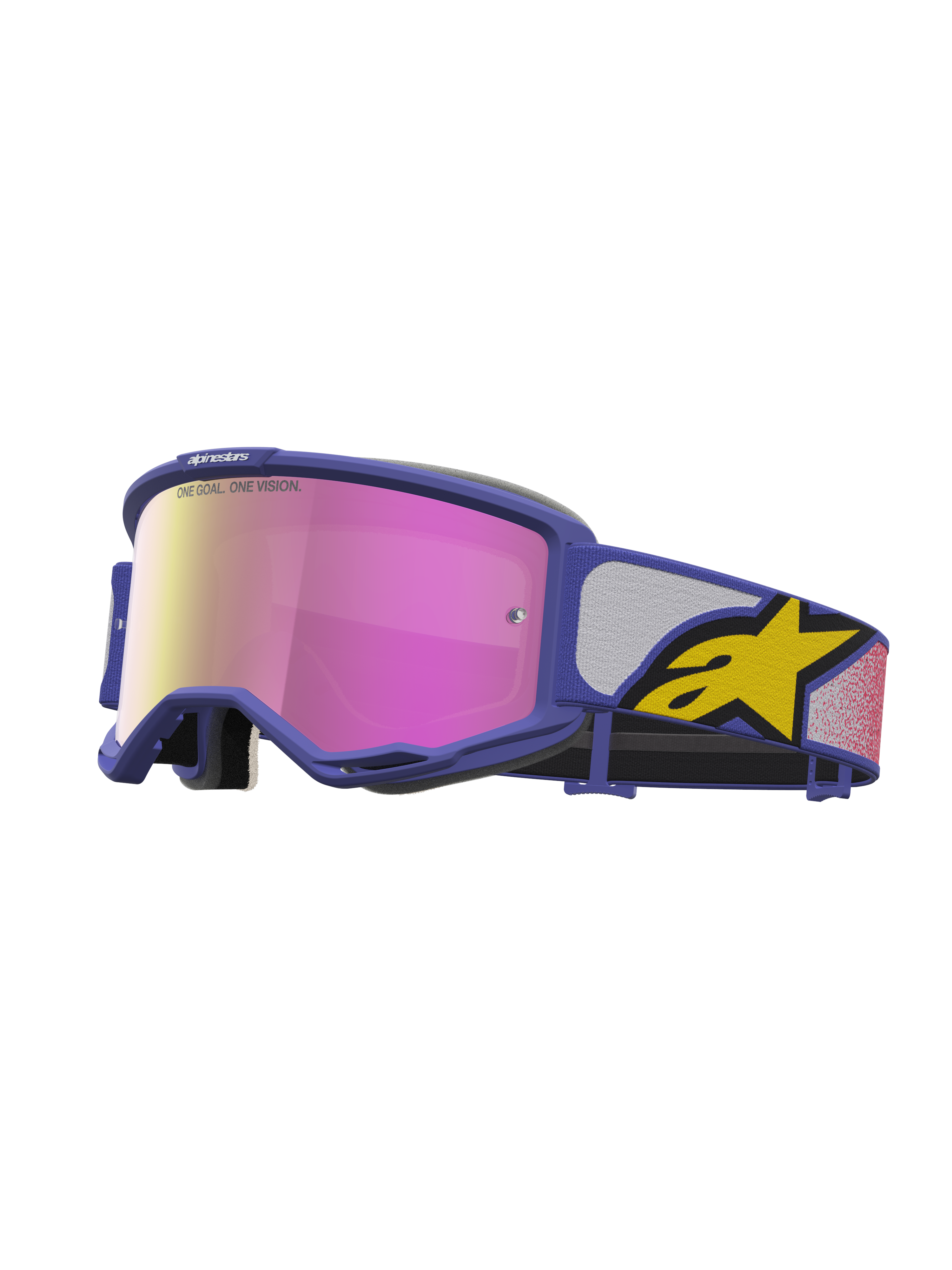 Alpinestars Vision 5 Drag Goggles, purple motocross eyewear with a pink mirror lens and ventilated A-FLEX frame.