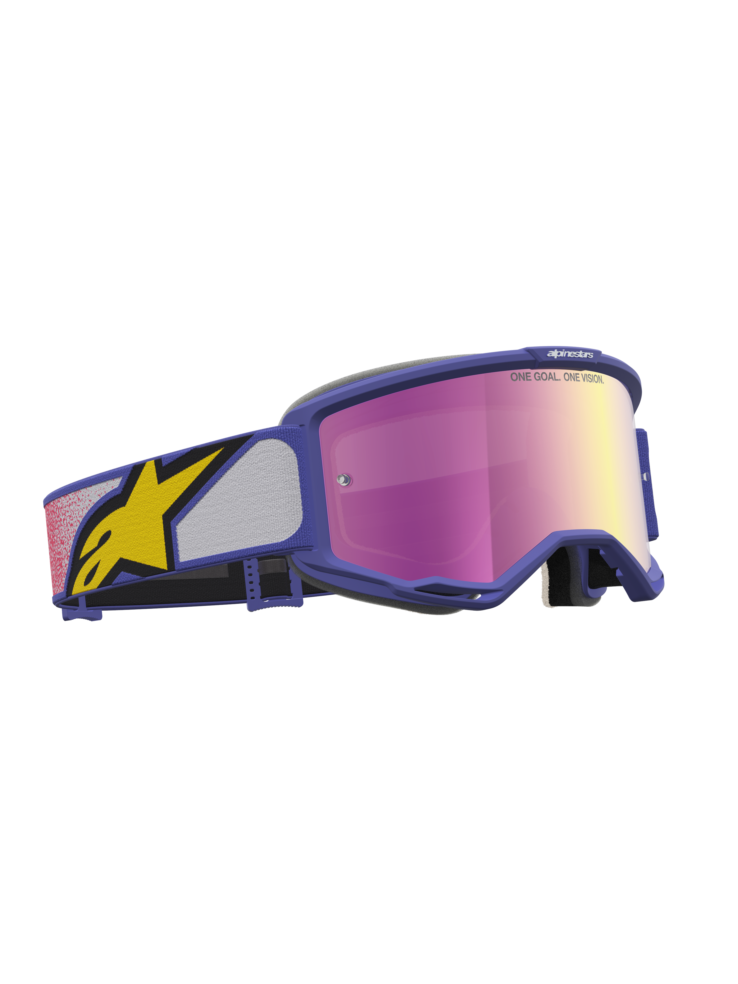 Alpinestars Vision 5 Drag Motocross Goggles in purple and pink with a mirror lens and bold yellow logo.