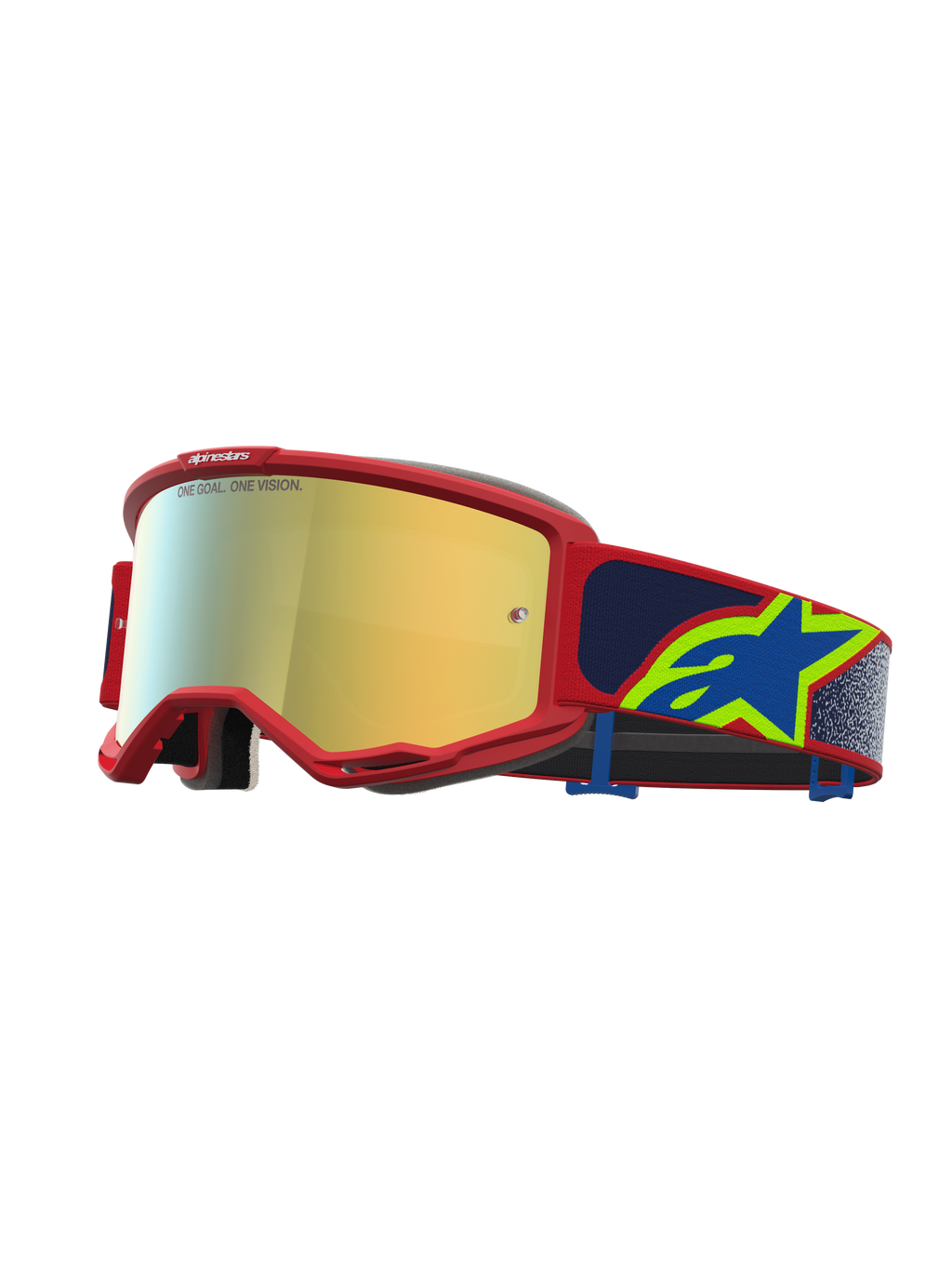 Alpinestars Vision 5 Drag veiligheidsbril, motorcrossbril met rood frame, gouden spiegellens en blauwe band met sterlogo.