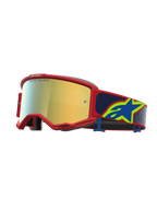 Alpinestars Vision 5 Drag veiligheidsbril, motorcrossbril met rood frame, gouden spiegellens en blauwe band met sterlogo.