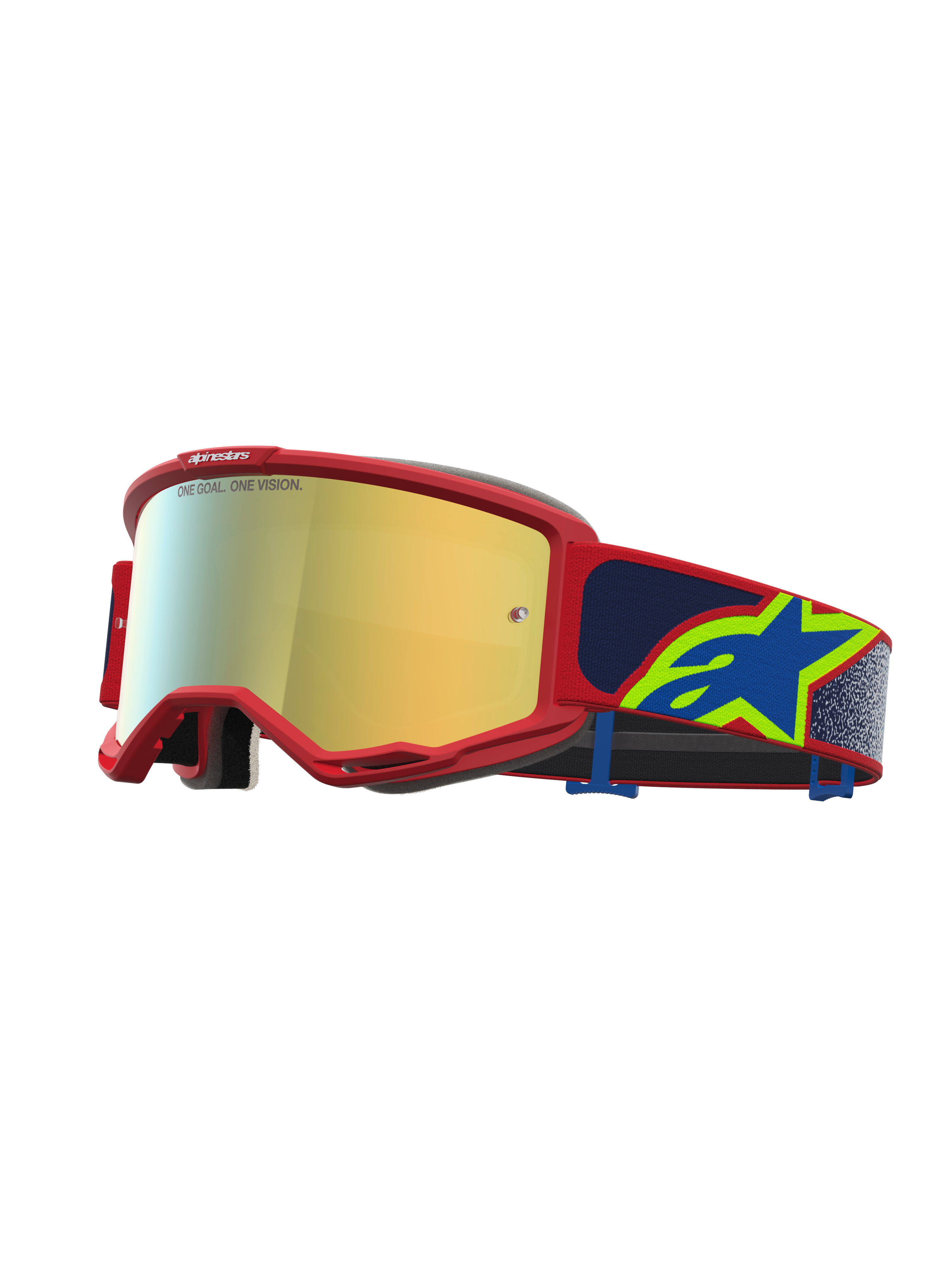 Alpinestars Vision 5 Drag veiligheidsbril, motorcrossbril met rood frame, gouden spiegellens en blauwe band met sterlogo.