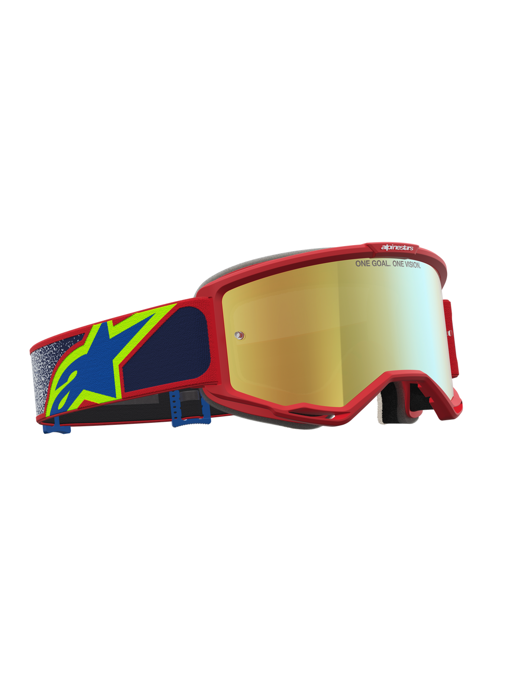 Alpinestars Vision 5 Drag veiligheidsbril voor motorcross, rood frame met blauwe accenten en gouden spiegellens.