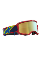 Alpinestars Vision 5 Drag veiligheidsbril voor motorcross, rood frame met blauwe accenten en gouden spiegellens.