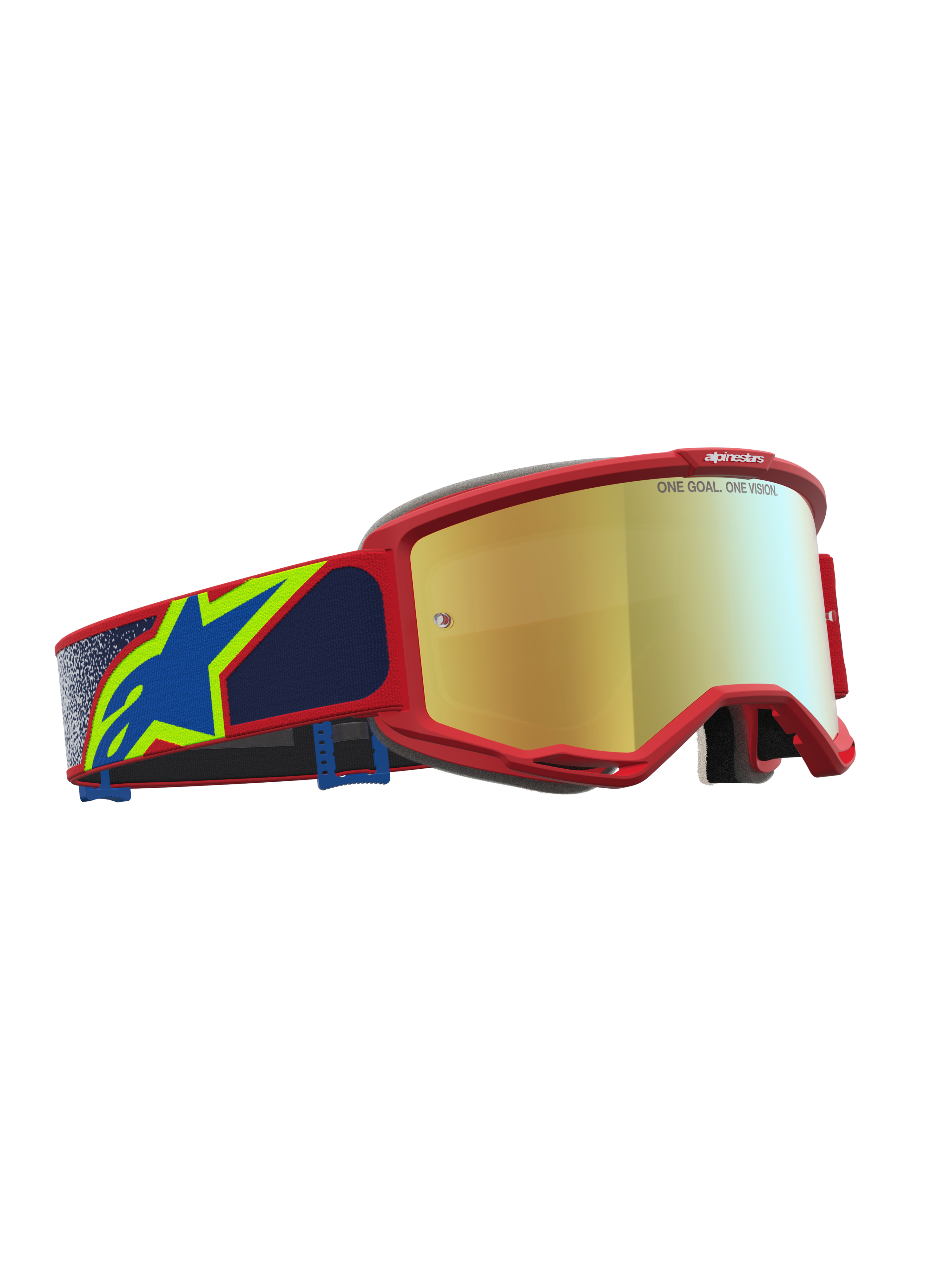 Alpinestars Vision 5 Drag veiligheidsbril voor motorcross, rood frame met blauwe accenten en gouden spiegellens.