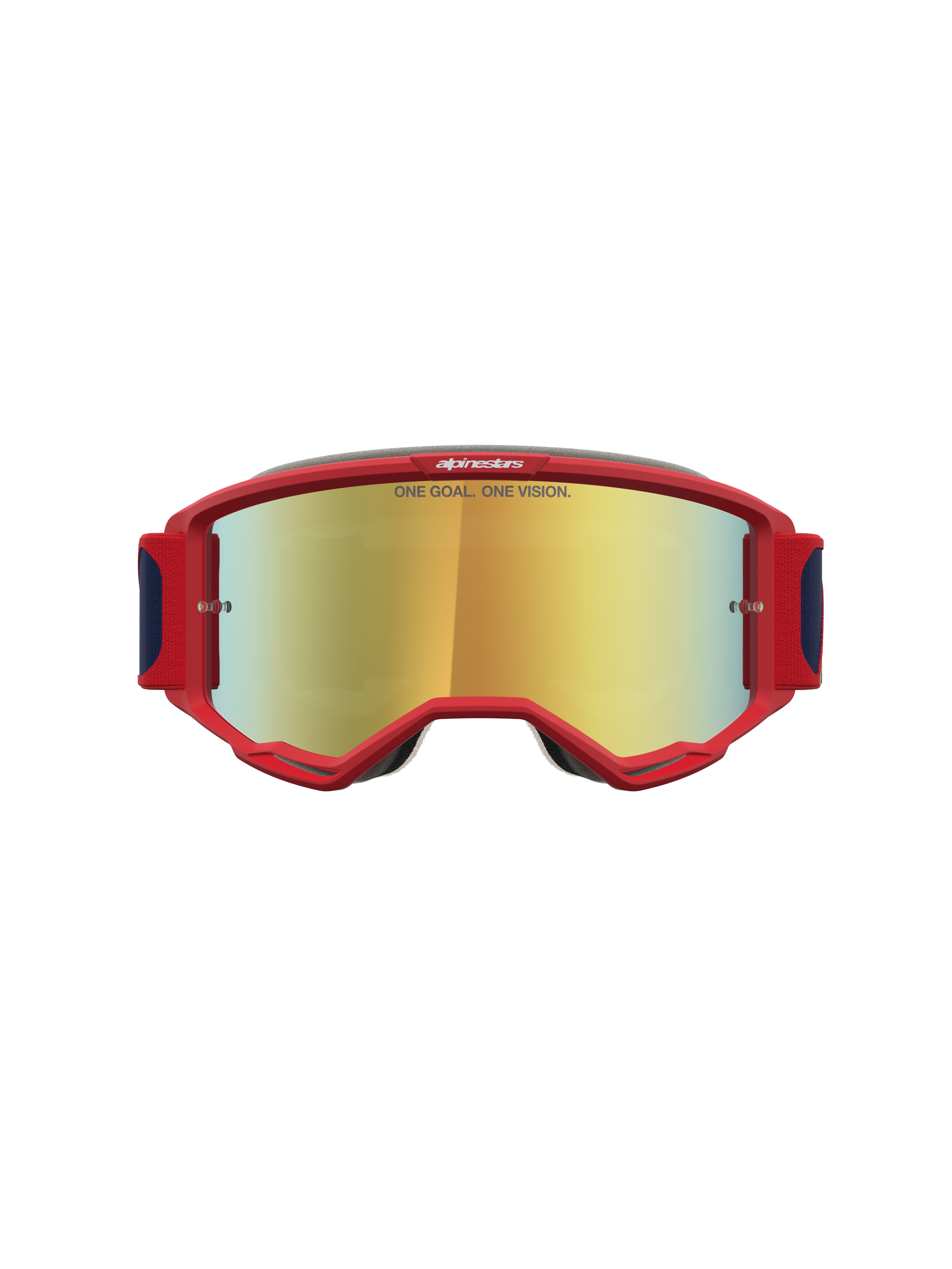 Alpinestars Vision 5 Drag veiligheidsbril, rode motorcrossbril met goud spiegelglas, A-FLEX frame en RAM-AIR ventilatie.