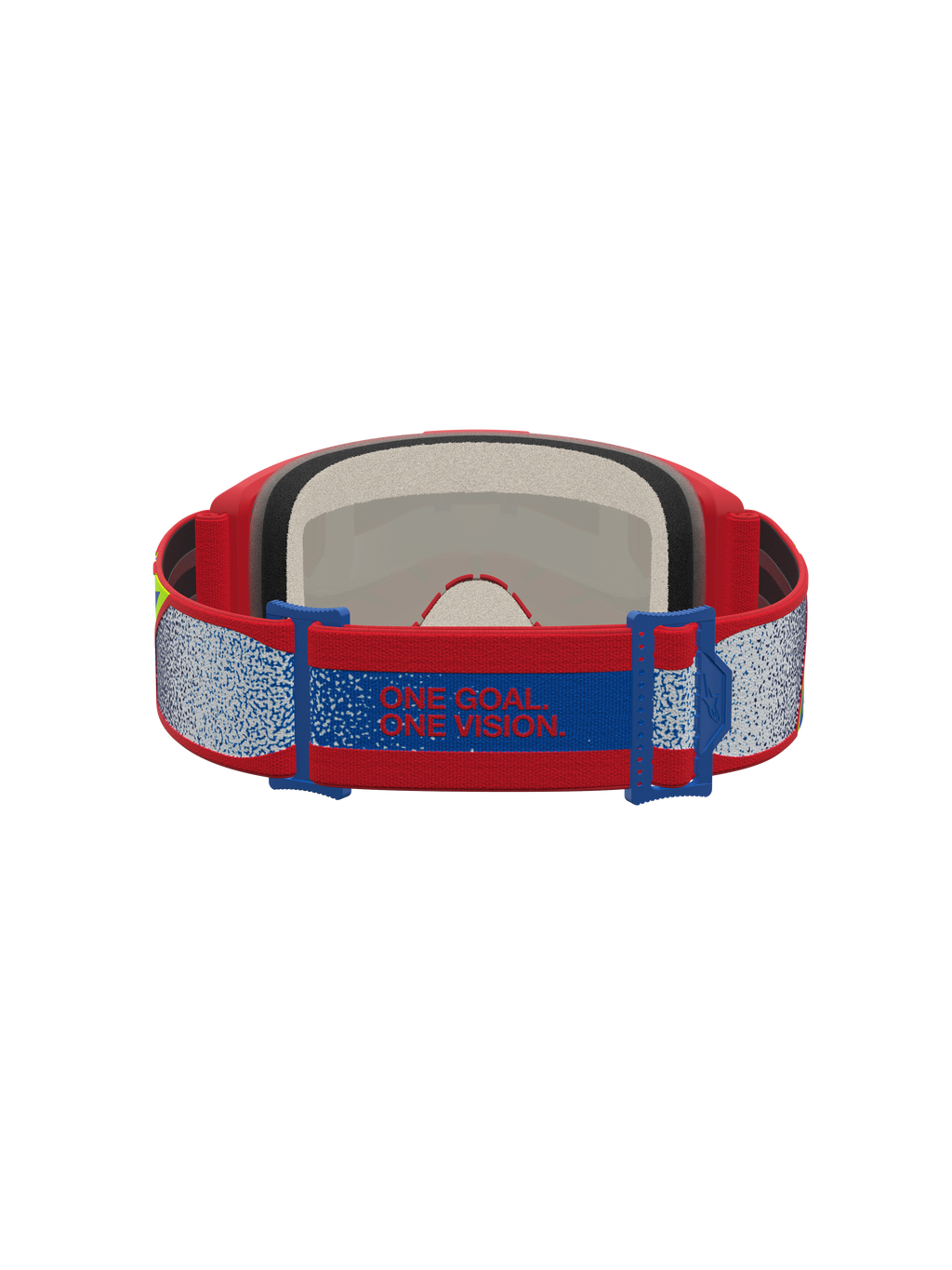 Alpinestars Vision 5 Drag veiligheidsbril voor motorcross, rood en blauw, met manifesto-band en zacht gezichtsschuim.
