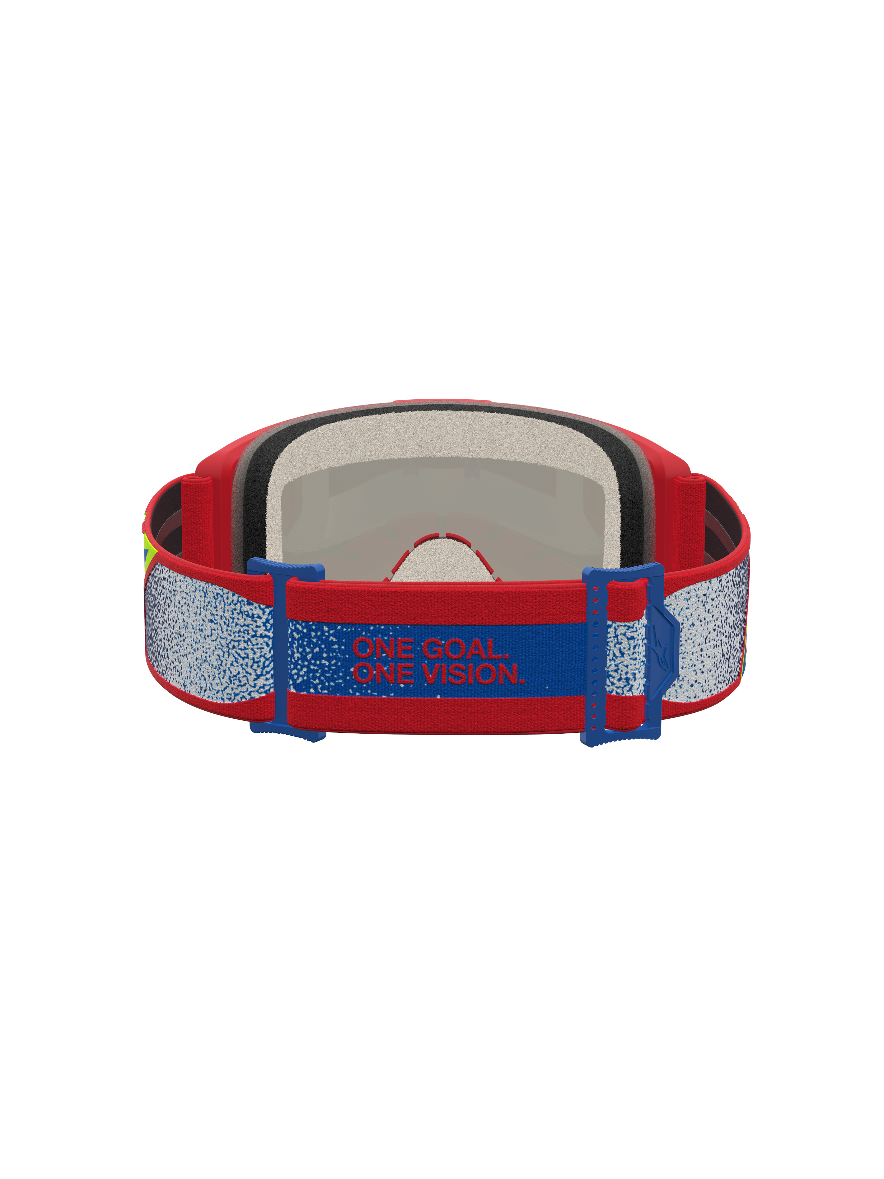 Alpinestars Vision 5 Drag veiligheidsbril voor motorcross, rood en blauw, met manifesto-band en zacht gezichtsschuim.