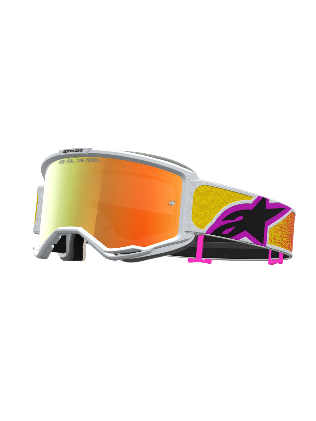 Alpinestars Vision 5 Drag veiligheidsbril, motorcross crossbril met wit A-FLEX frame en oranje-rode spiegelende lens, geïntegreerde RAM-AIR ventilatie, kleurrijke strap met zwart logo, professionele off-road oogbescherming.