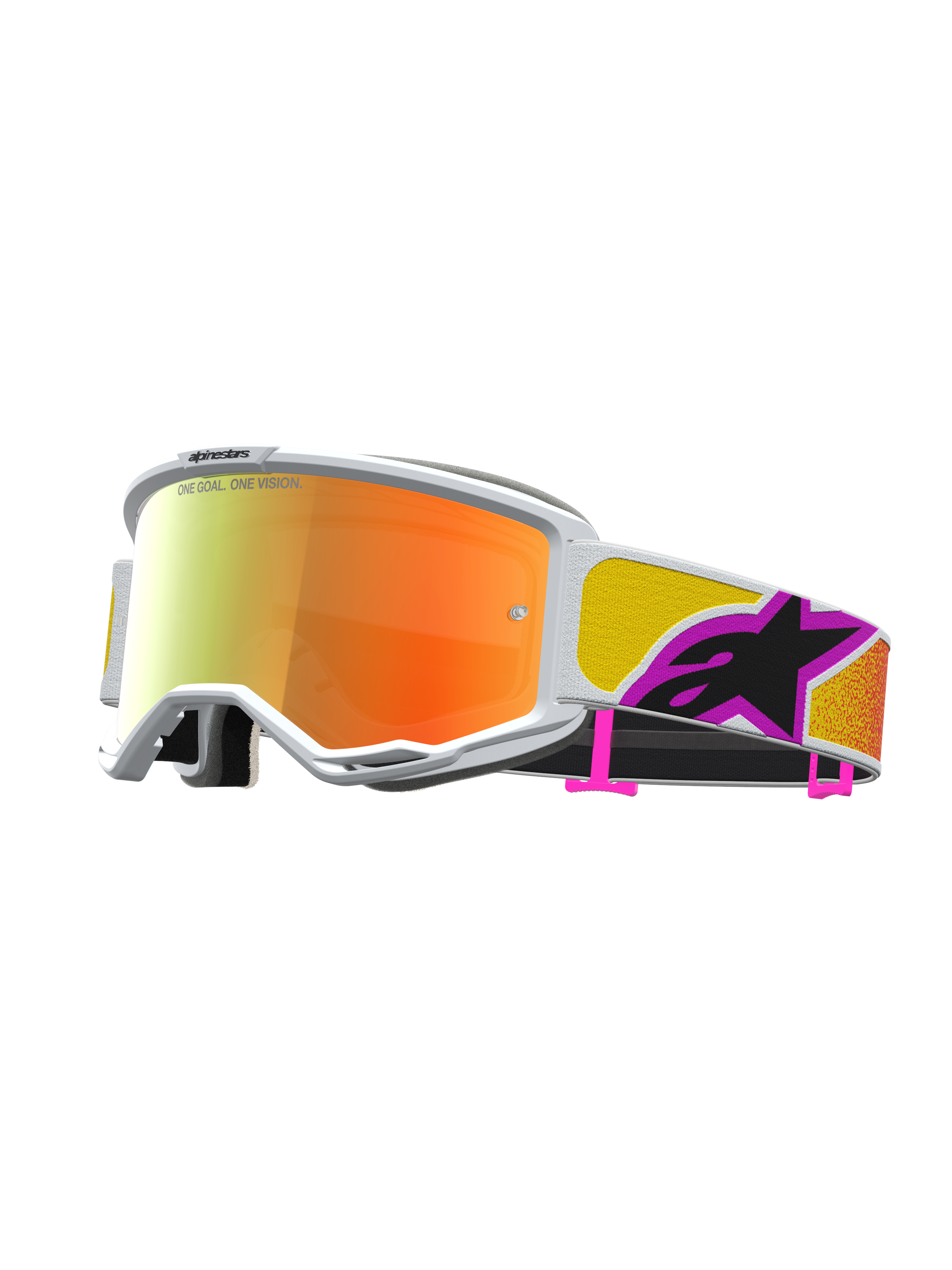 Alpinestars Vision 5 Drag veiligheidsbril, motorcross crossbril met wit A-FLEX frame en oranje-rode spiegelende lens, geïntegreerde RAM-AIR ventilatie, kleurrijke strap met zwart logo, professionele off-road oogbescherming.