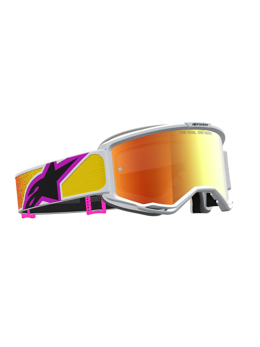 Alpinestars Vision 5 Drag Veiligheidsbril, motocross racing, wit frame, oranje en rood gespiegelde lens, A-FLEX constructie.
