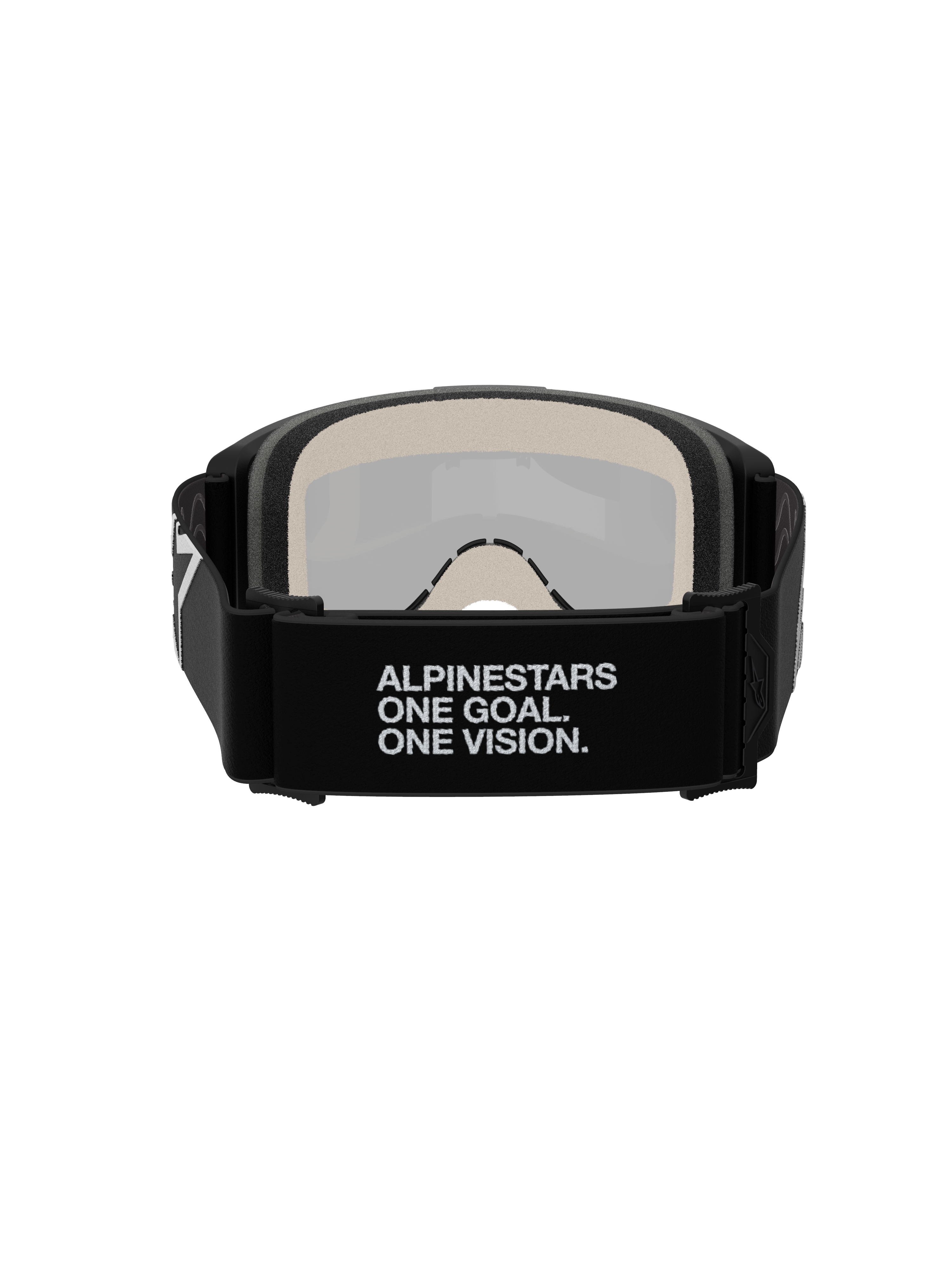 Alpinestars Vision 5 Corp Goggles, motorcrossbril, achteraanzicht, zwarte geweven band met de witte slogan 'ALPINESTARS ONE GOAL. ONE VISION.', 17 mm meerlaags gezichtsschuim, zilveren spiegelende lens zichtbaar vanaf de binnenzijde, ontworpen voor een stevige pasvorm en off-road prestaties