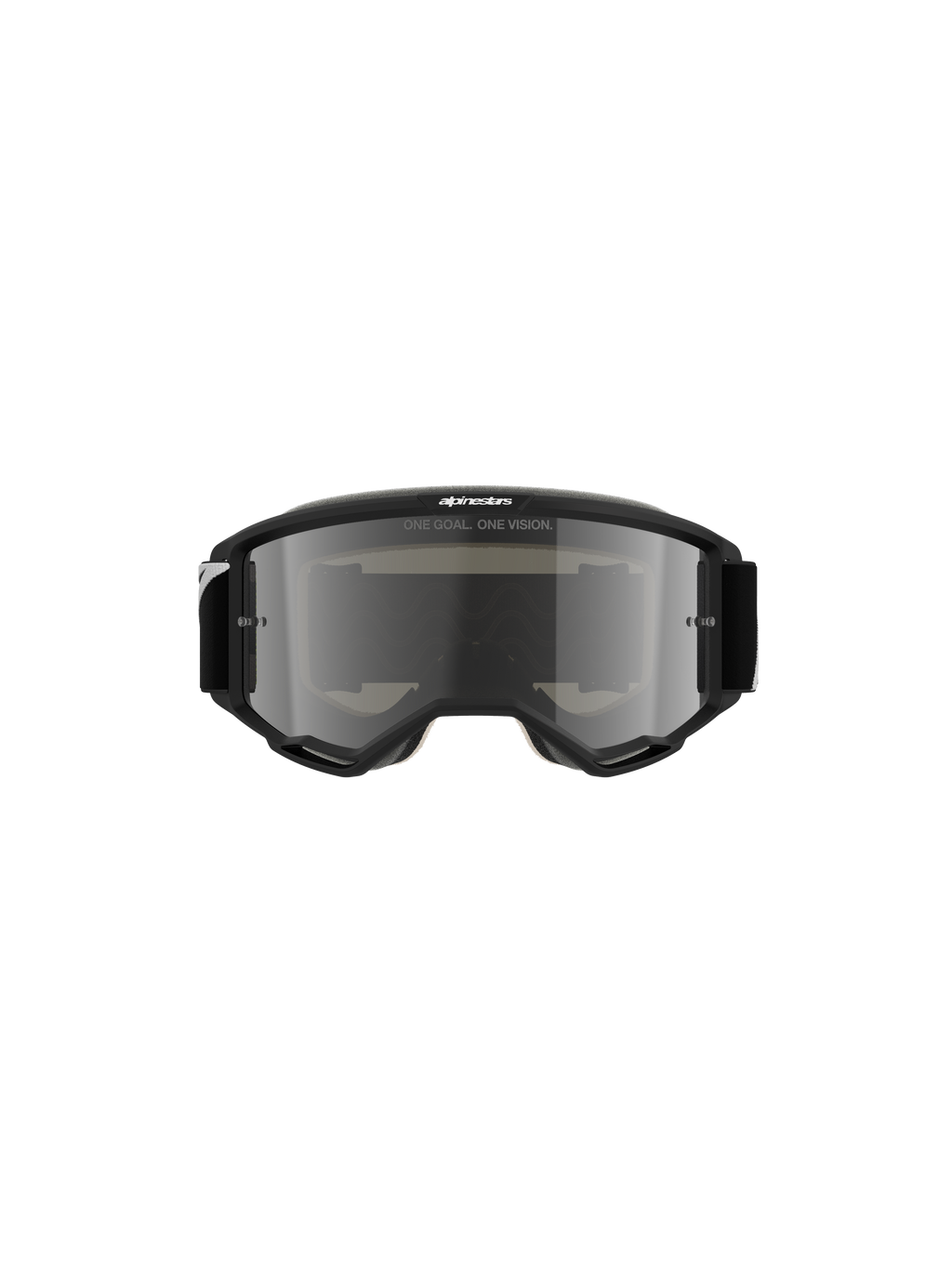Alpinestars Vision 5 Corp crossbril, motorcrossbril, zwart met Mirror Silver lens, vooraanzicht met 'ONE GOAL. ONE VISION.' tekst en Alpinestars-logo, strak ontwerp voor offroad- en motorcrossraces