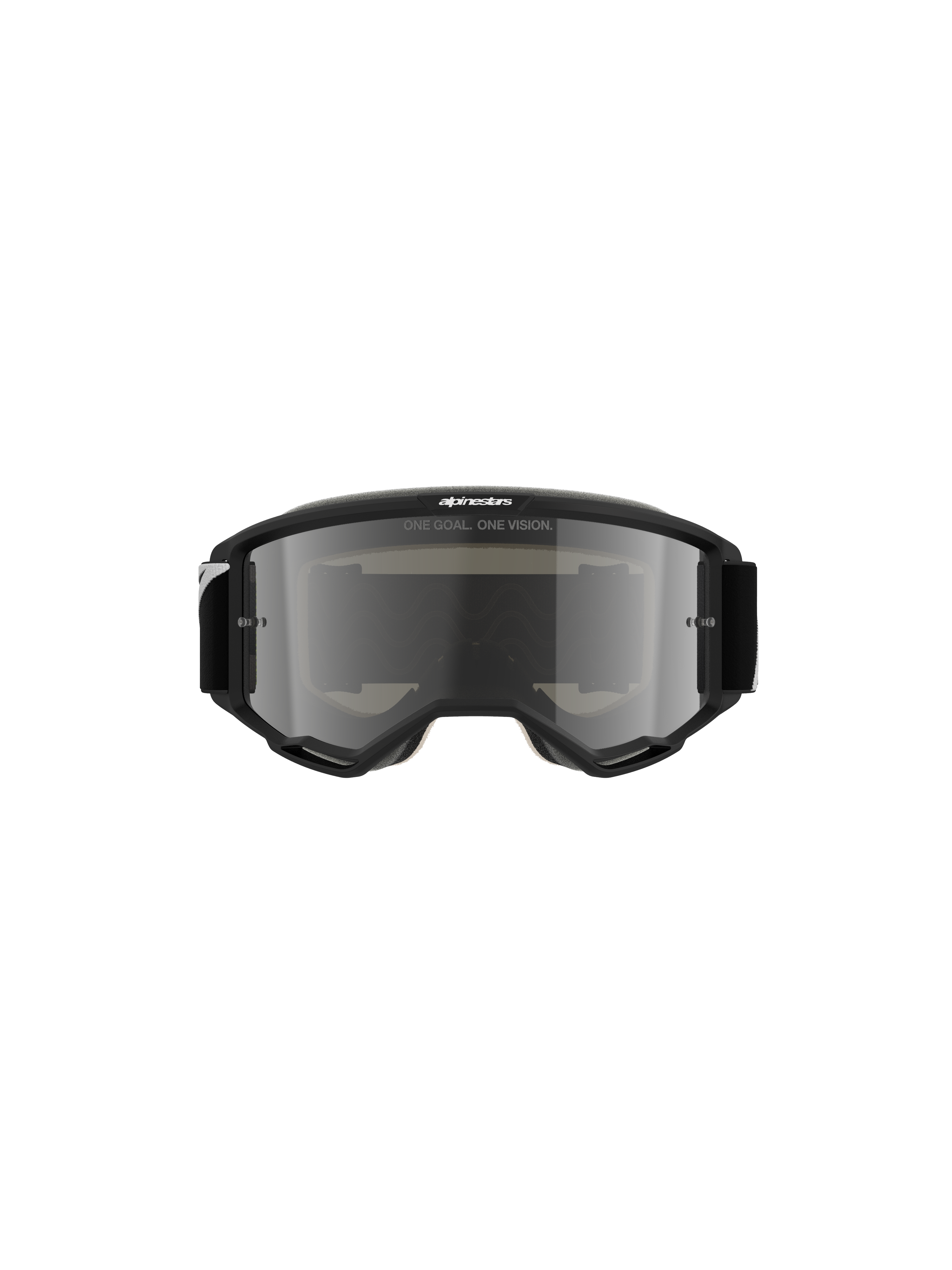 Alpinestars Vision 5 Corp crossbril, motorcrossbril, zwart met Mirror Silver lens, vooraanzicht met 'ONE GOAL. ONE VISION.' tekst en Alpinestars-logo, strak ontwerp voor offroad- en motorcrossraces