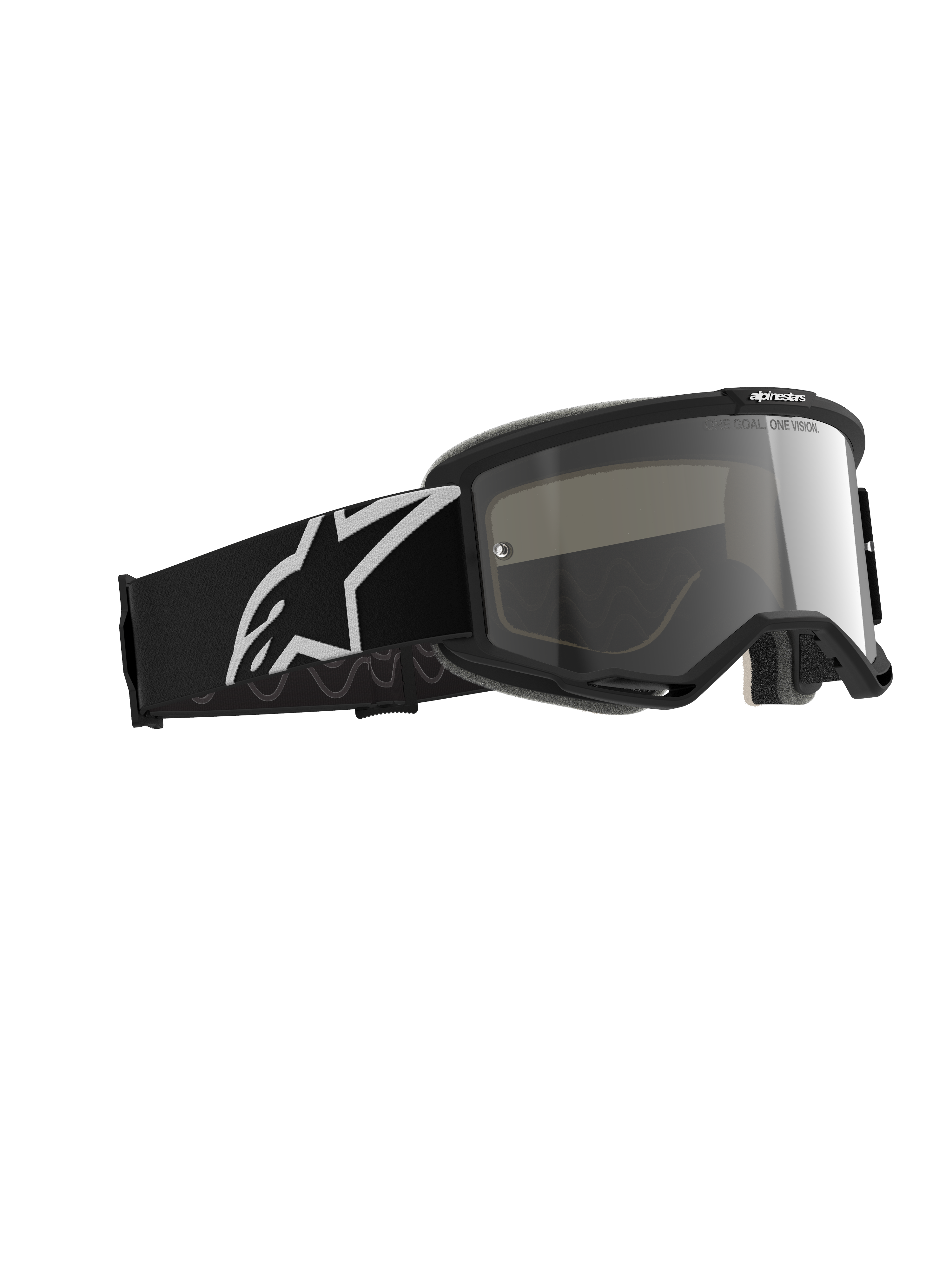 Alpinestars Vision 5 Corp Goggles, motorcrossbril, Black Mirror Silver, zwart frame met een zilveren spiegelende lens, brede zwarte band met een groot wit Alpinestars-logo, ontworpen voor off-road prestaties