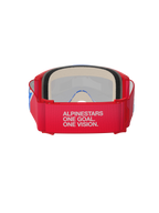 Alpinestars Vision 5 Corp Goggles, motocrossbril, rood en wit, achteraanzicht met brede band met de slogan 'Alpinestars One Goal. One Vision.', dik gezichtsschuim en rood frame