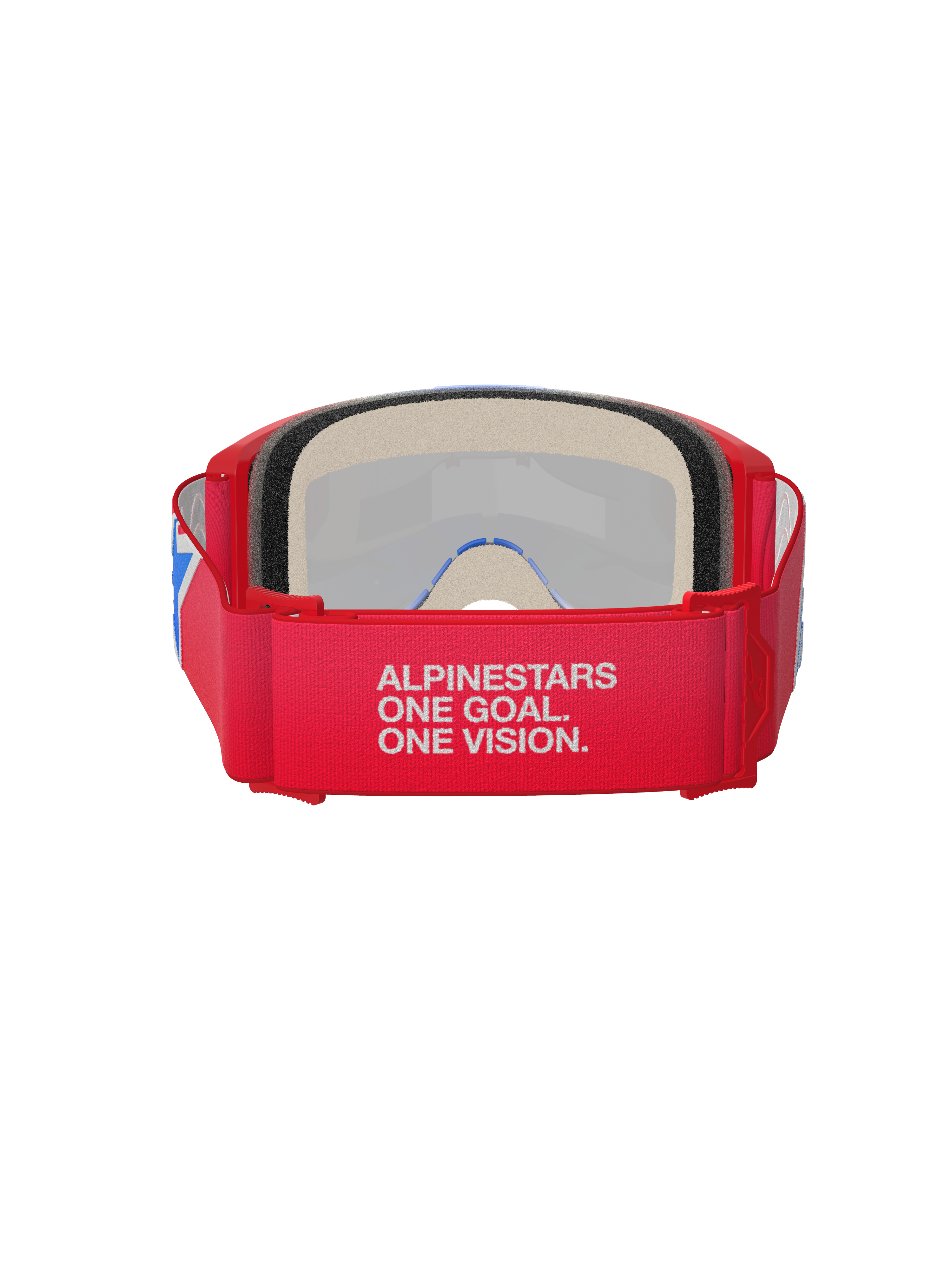 Alpinestars Vision 5 Corp Goggles, motocrossbril, rood en wit, achteraanzicht met brede band met de slogan 'Alpinestars One Goal. One Vision.', dik gezichtsschuim en rood frame