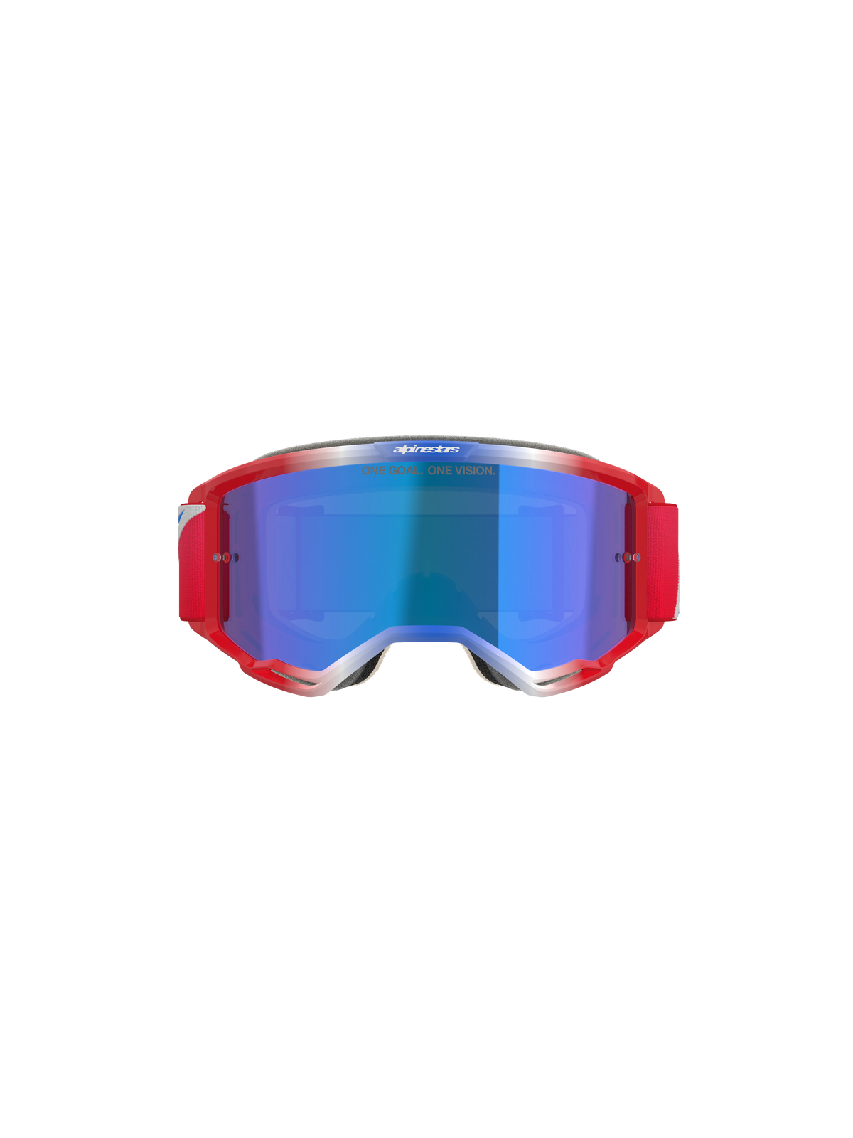 Alpinestars Vision 5 Corp Goggles, motocrossbril, rood en wit frame met Blue Mirror lens, voorzien van rode band en 'ONE GOAL... ONE VISION' tekst op de lens, vooraanzicht