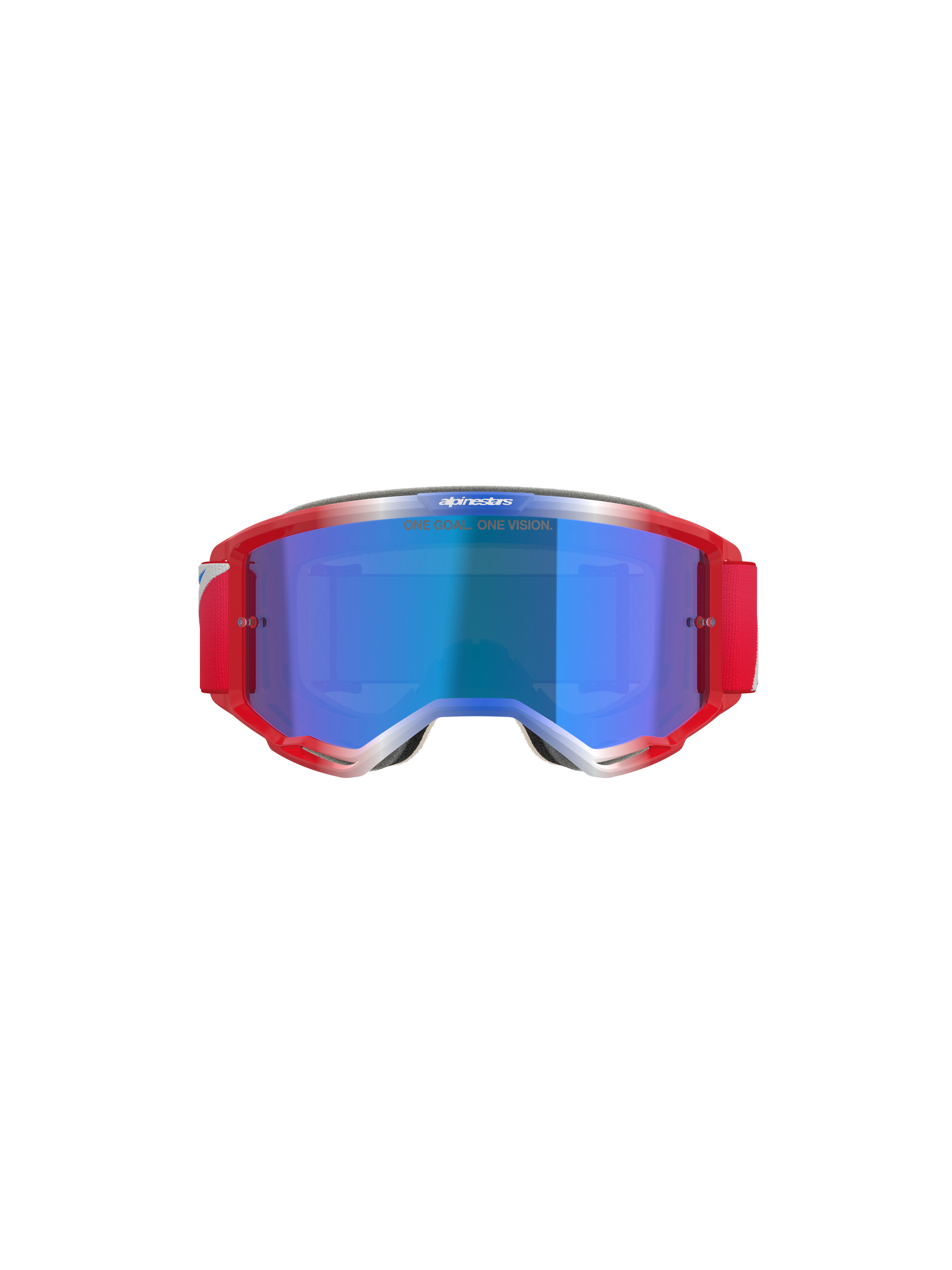 Alpinestars Vision 5 Corp Goggles, Motocross Goggles, Red and White frame with Blue Mirror lens, featuring red strap and 'ONE GOAL... ONE VISION' text on the lens, front view