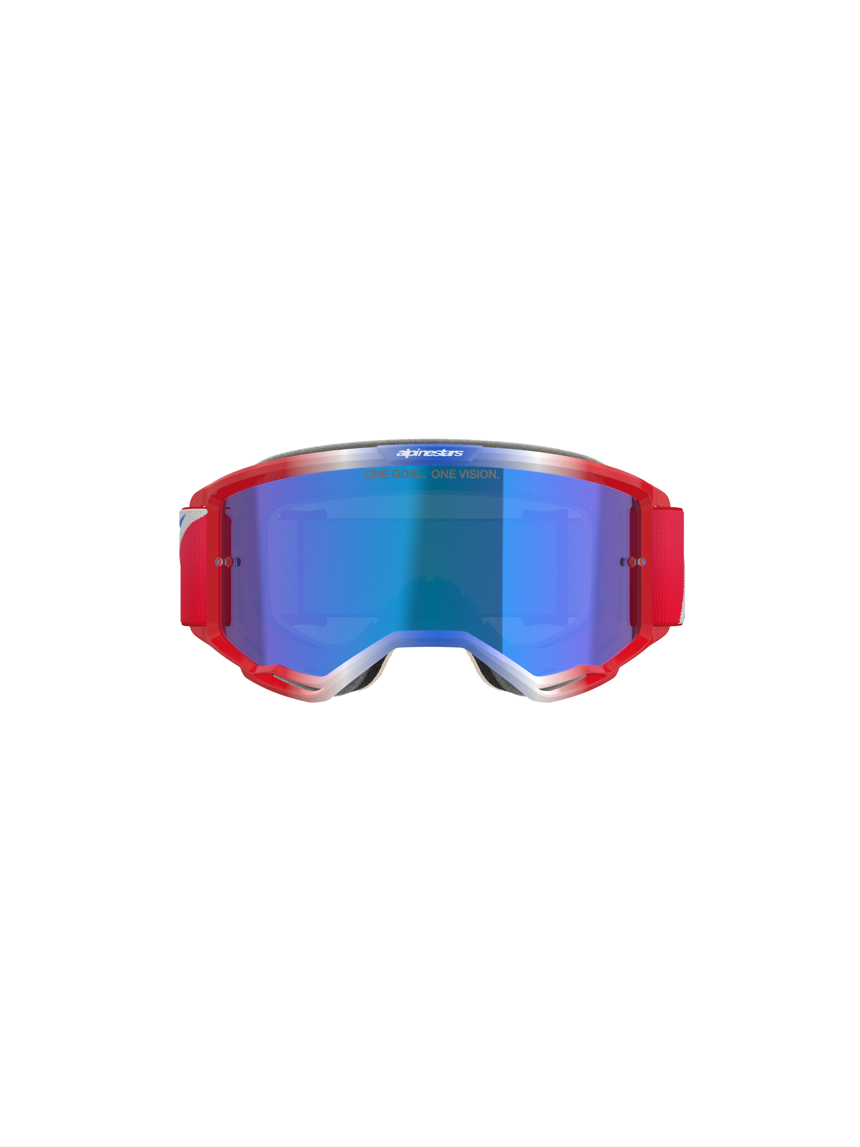 Alpinestars Vision 5 Corp Goggles, motocrossbril, rood en wit frame met Blue Mirror lens, voorzien van rode band en 'ONE GOAL... ONE VISION' tekst op de lens, vooraanzicht