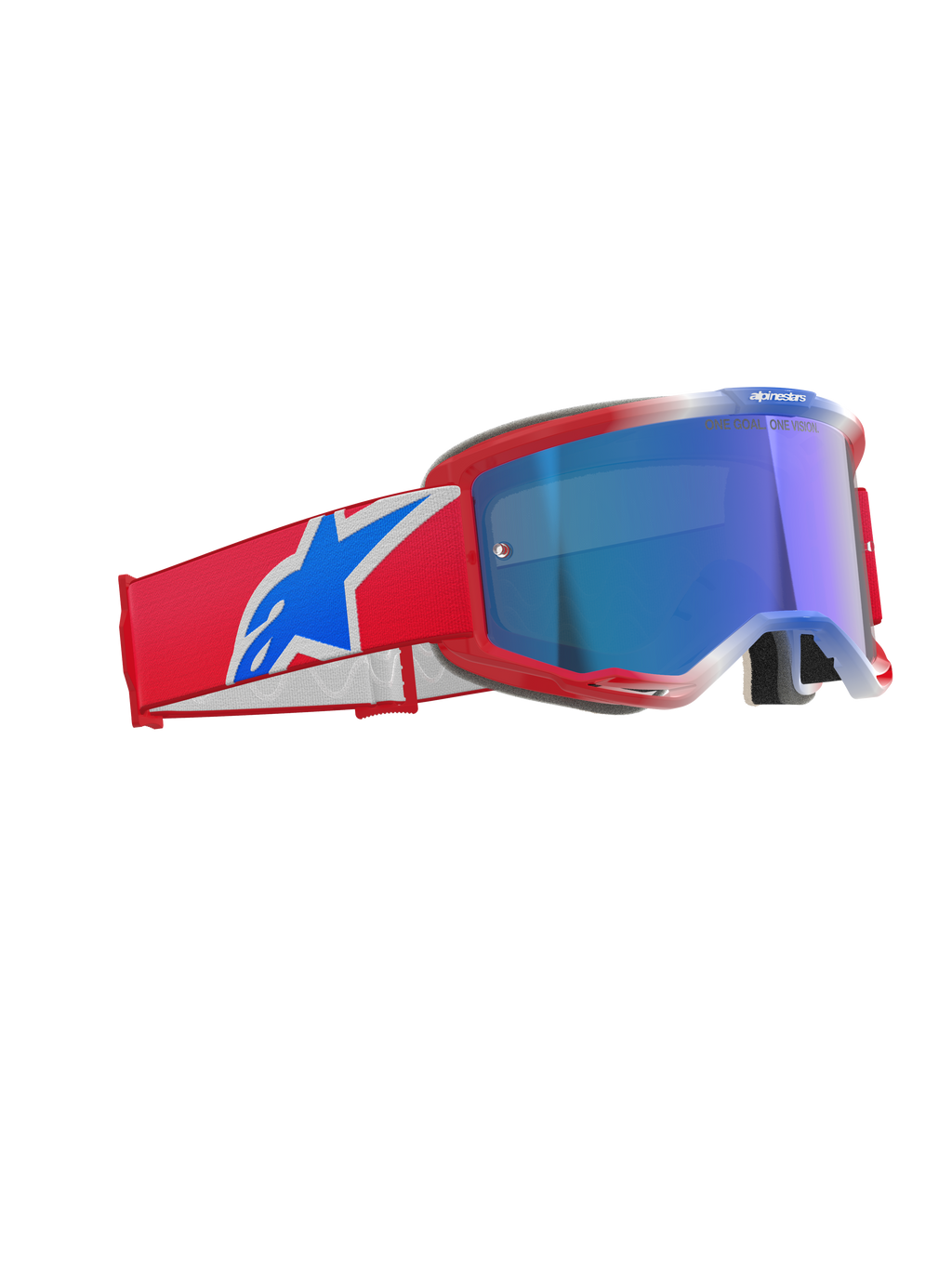 Alpinestars Vision 5 Corp Goggles, motorcrossbril, rood, wit en blauw met blauwe spiegelende lens, rood frame met strakke ventilatie, brede rode band met opvallend blauw en wit logo, professionele bril voor off-road en motorcross