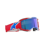 Alpinestars Vision 5 Corp Goggles, motorcrossbril, rood, wit en blauw met blauwe spiegelende lens, rood frame met strakke ventilatie, brede rode band met opvallend blauw en wit logo, professionele bril voor off-road en motorcross