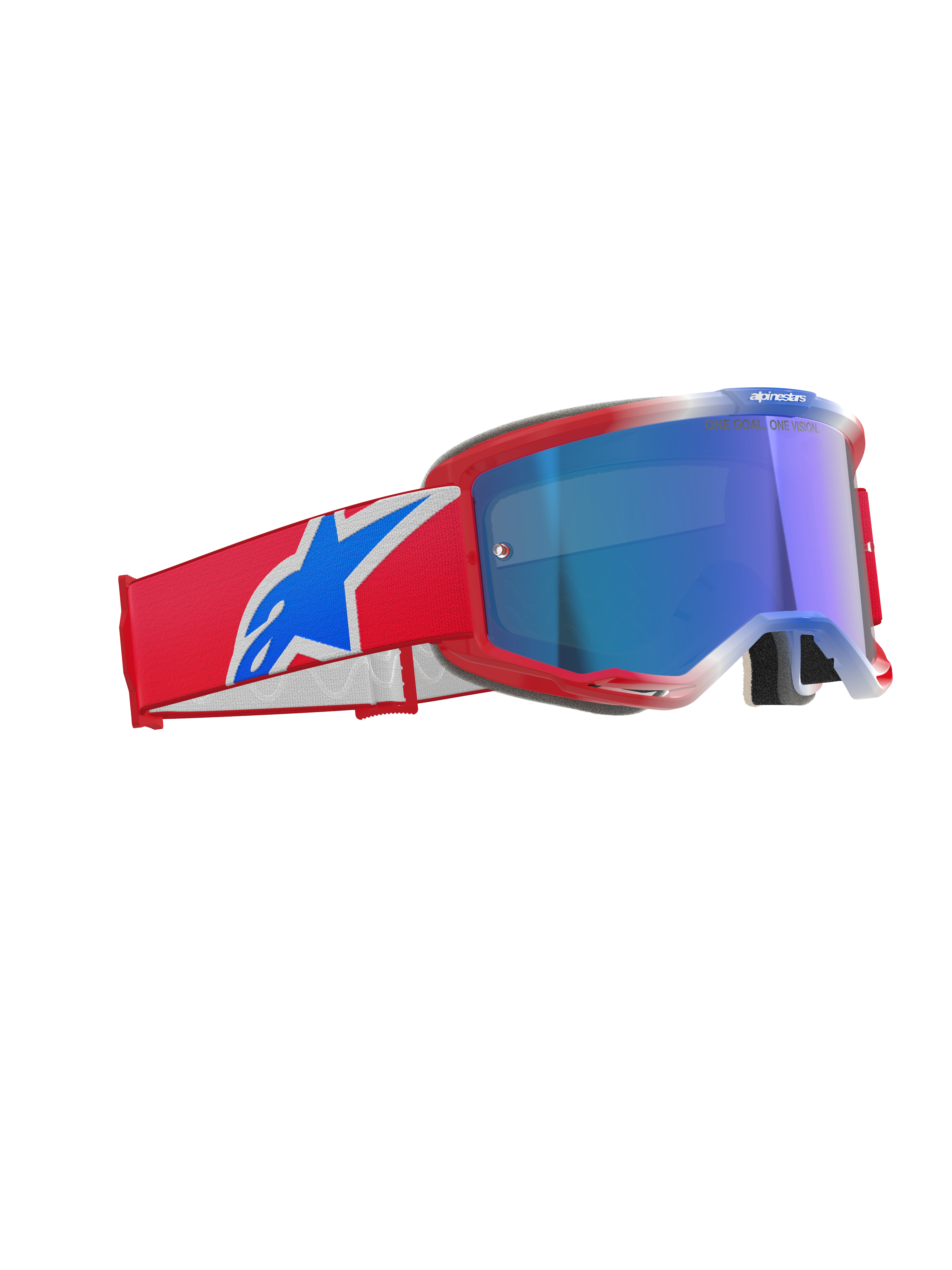 Alpinestars Vision 5 Corp Goggles, motorcrossbril, rood, wit en blauw met blauwe spiegelende lens, rood frame met strakke ventilatie, brede rode band met opvallend blauw en wit logo, professionele bril voor off-road en motorcross