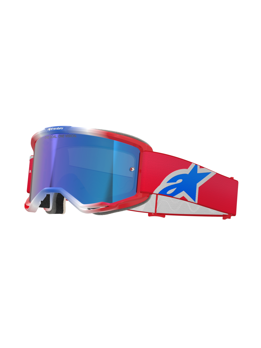 Alpinestars Vision 5 Corp Goggles, motorcrossbril, rood, wit en blauw, blauwe mirror lens, rode band met blauw Alpinestars-logo, flexibel rood frame met witte accenten, beschermende bril voor off-road rijden