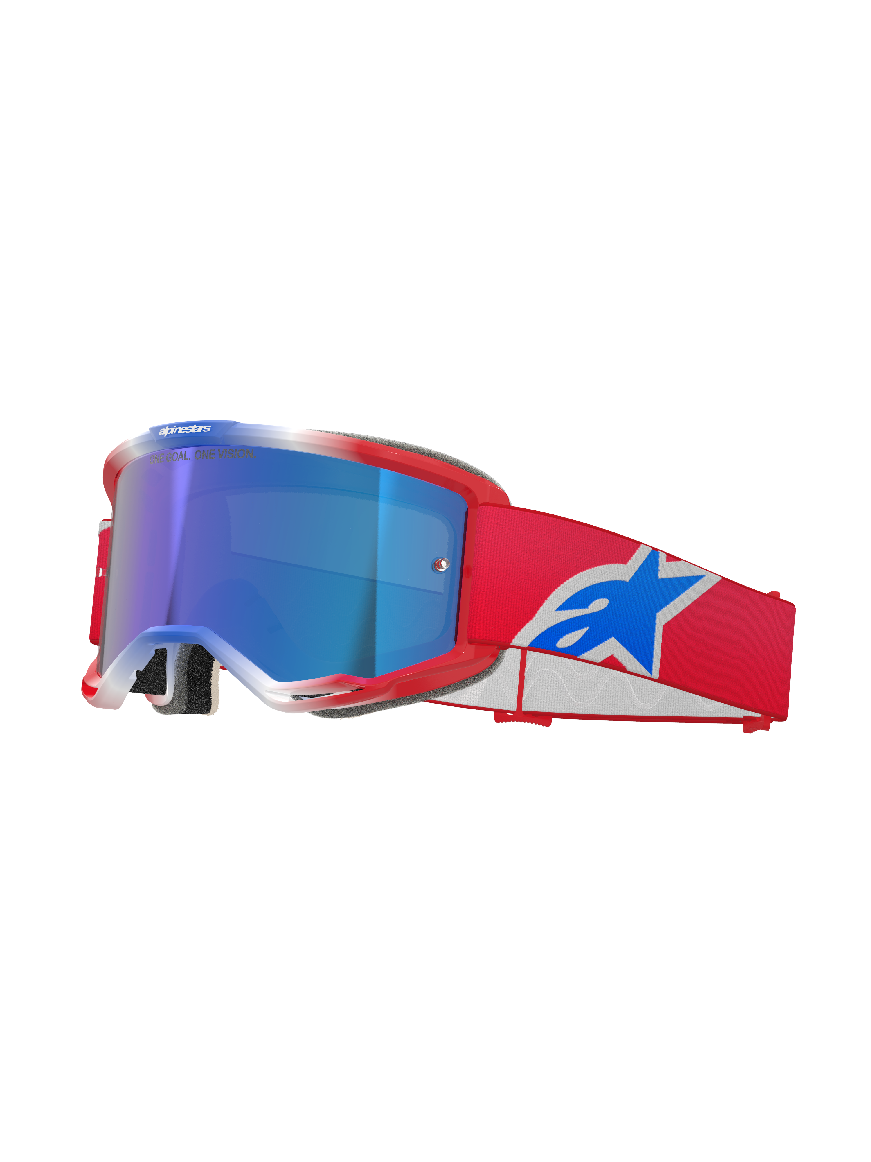 Alpinestars Vision 5 Corp Goggles, motorcrossbril, rood, wit en blauw, blauwe mirror lens, rode band met blauw Alpinestars-logo, flexibel rood frame met witte accenten, beschermende bril voor off-road rijden