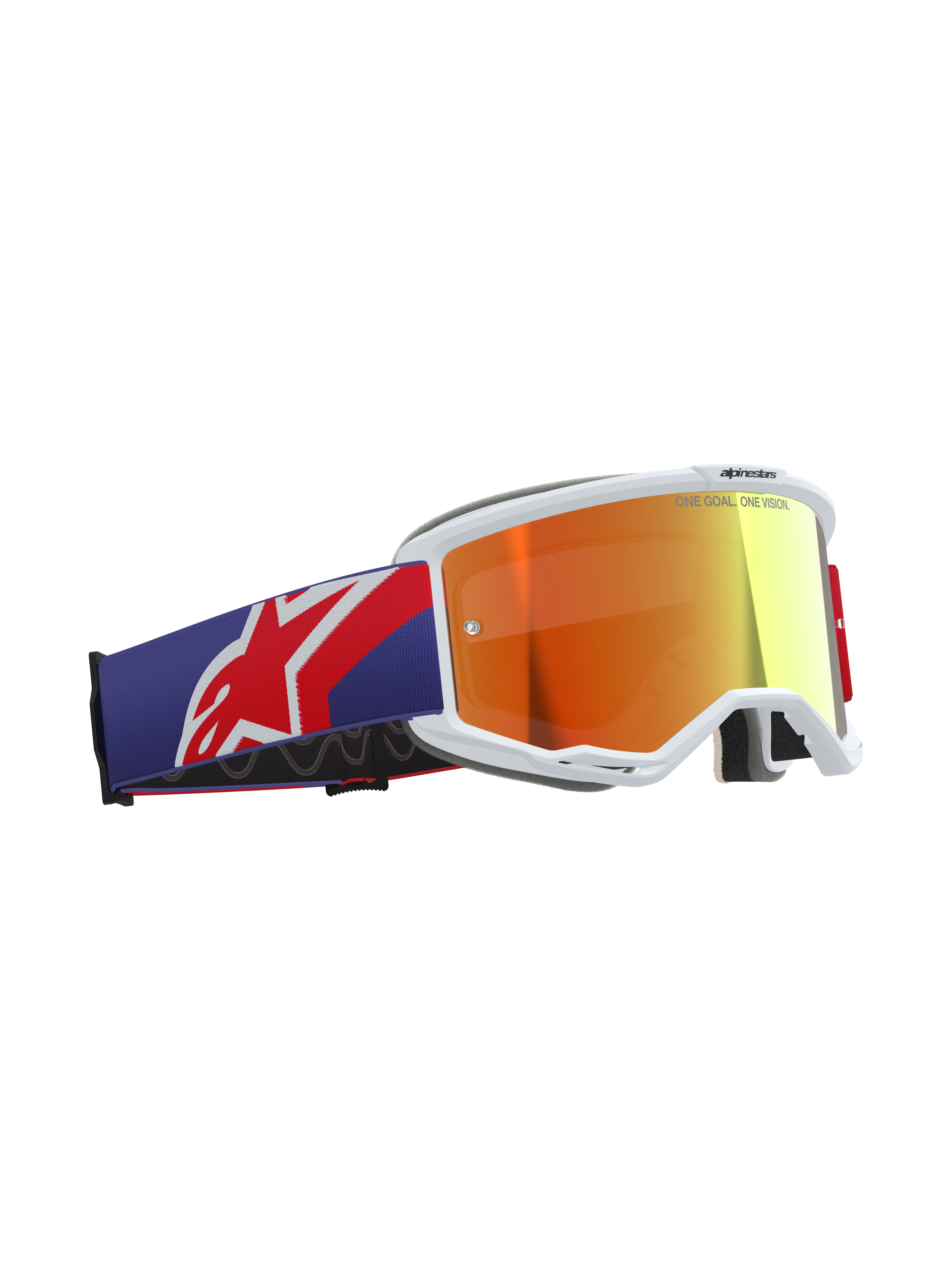 Alpinestars Vision 5 Corp Goggles, Motocross Goggles, Red and Purple colorway with Purple Mirror Red lens, white A-FLEX urethane frame, thick multi-stage face foam, wide adjustable strap with red and white Alpinestars logo, professional off-road racing eyewear.
