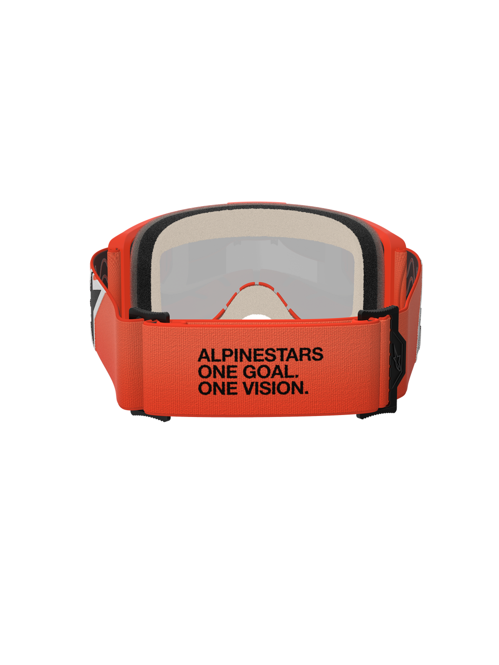 Alpinestars Vision 5 Corp Goggles, achteraanzicht met de oranje geweven band met zwarte "ALPINESTARS ONE GOAL. ONE VISION." tekst, meerlaags gezichtsschuim, oranje frame, professionele motorcrossbril