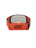 Alpinestars Vision 5 Corp Goggles, achteraanzicht met de oranje geweven band met zwarte "ALPINESTARS ONE GOAL. ONE VISION." tekst, meerlaags gezichtsschuim, oranje frame, professionele motorcrossbril