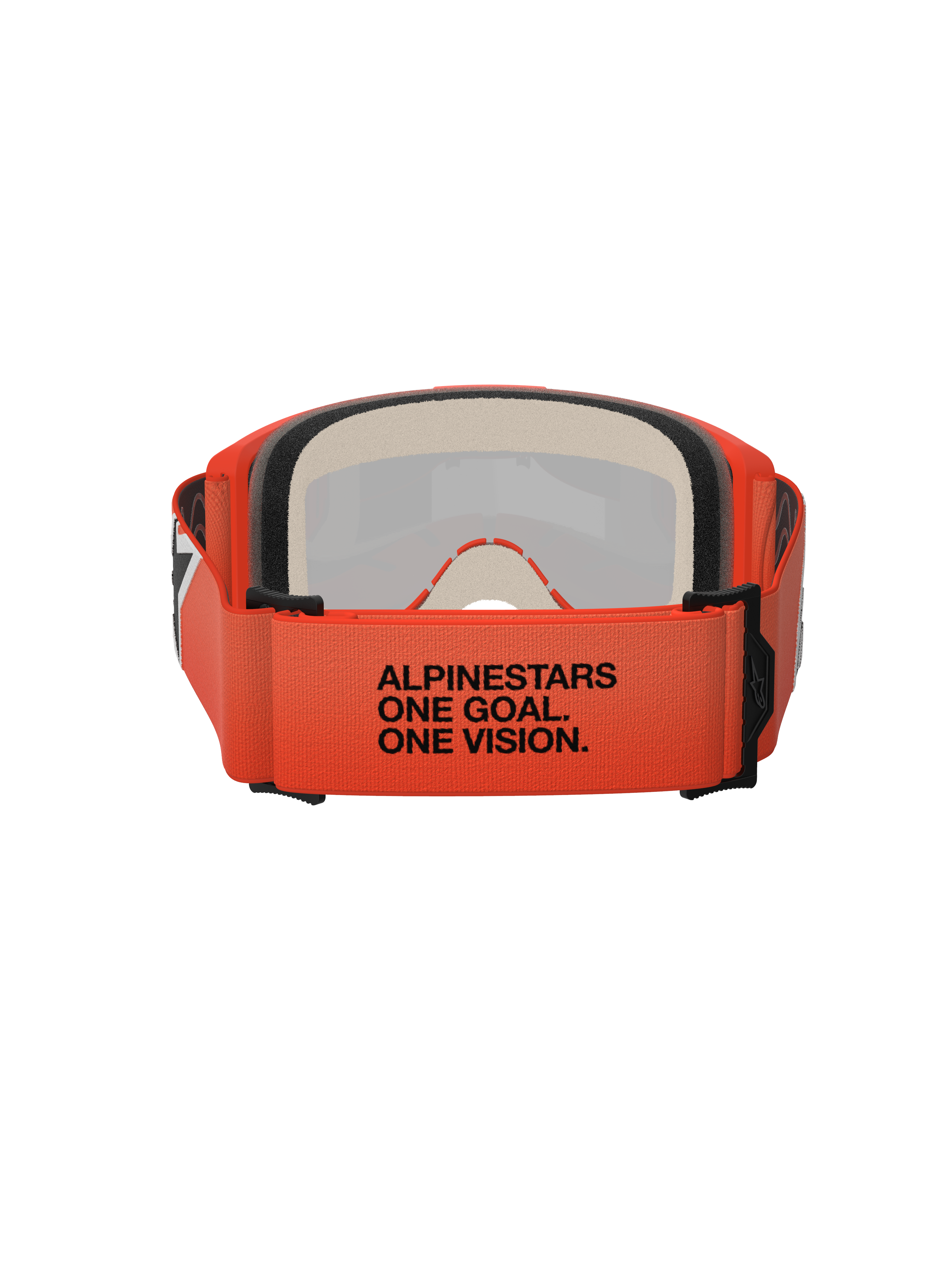 Alpinestars Vision 5 Corp Goggles, achteraanzicht met de oranje geweven band met zwarte "ALPINESTARS ONE GOAL. ONE VISION." tekst, meerlaags gezichtsschuim, oranje frame, professionele motorcrossbril