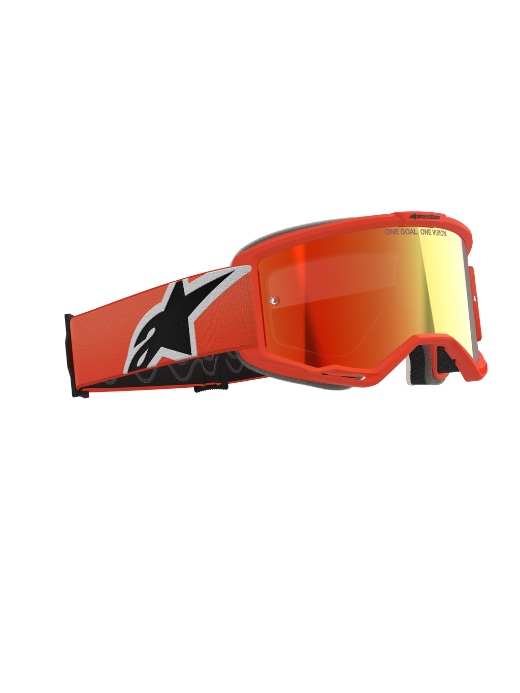 Alpinestars Vision 5 Corp Goggles, motorcrossbril, oranje met Red Mirror lens, levendig oranje frame en band met een groot wit en zwart Astars-logo, rood-oranje gespiegelde lens met branding aan de bovenzijde, professionele off-road beschermende bril