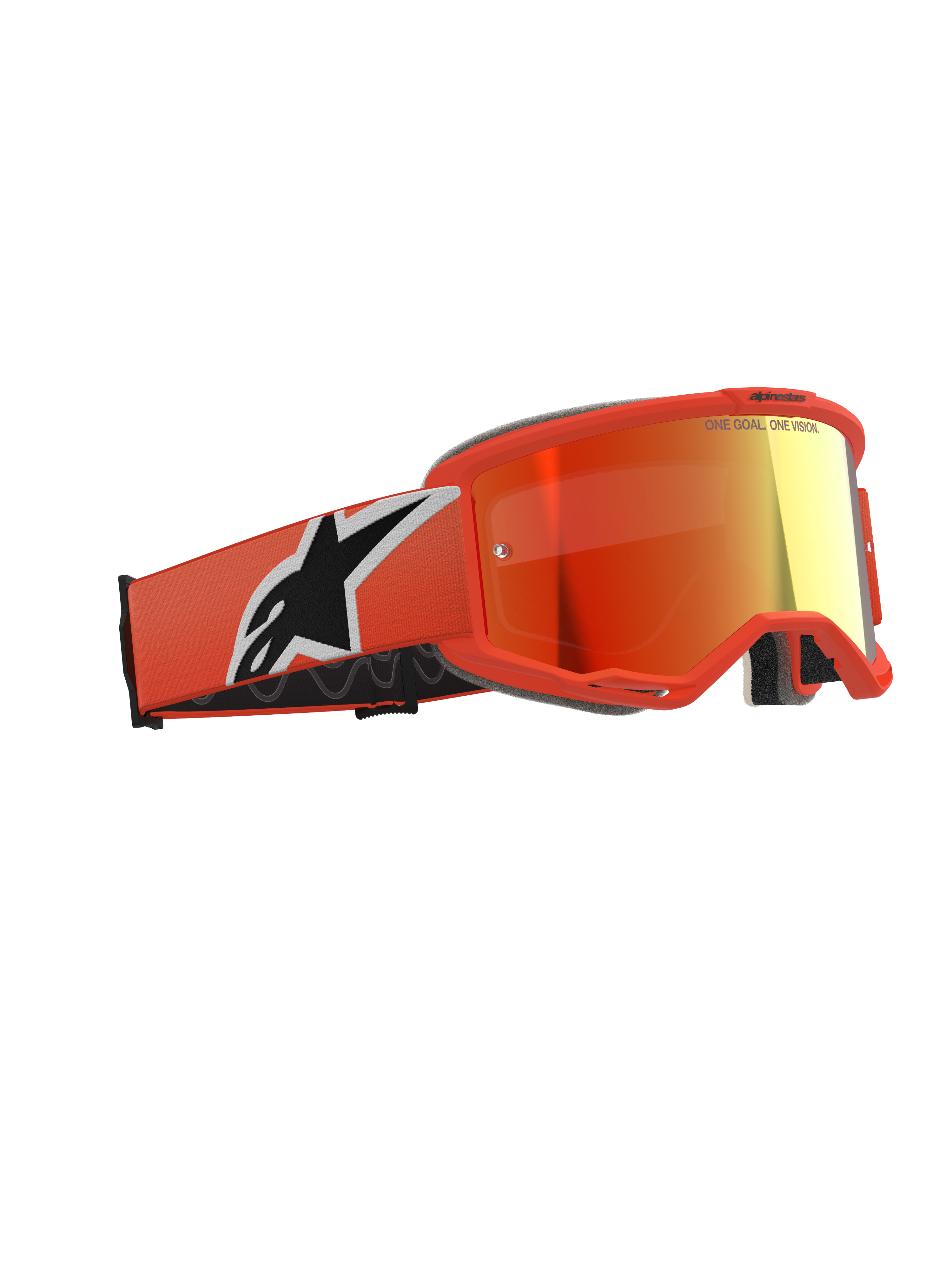 Alpinestars Vision 5 Corp Goggles, motorcrossbril, oranje met Red Mirror lens, levendig oranje frame en band met een groot wit en zwart Astars-logo, rood-oranje gespiegelde lens met branding aan de bovenzijde, professionele off-road beschermende bril