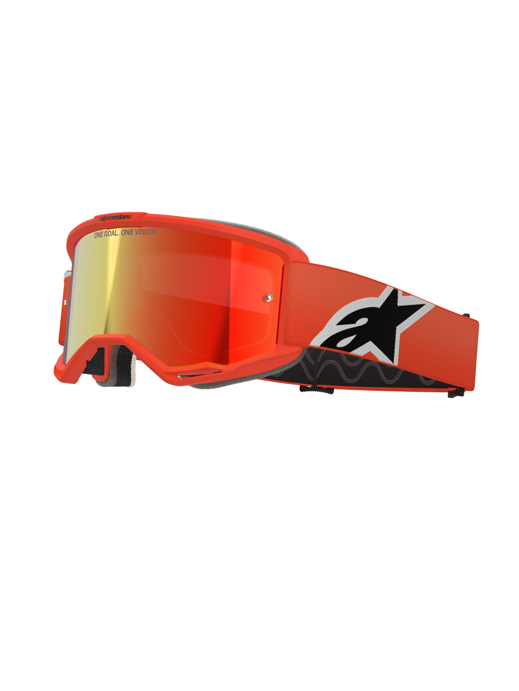 Alpinestars Vision 5 Corp Goggles, motorcross MX-bril, oranje frame met rood gespiegelde lens, brede oranje band met opvallend zwart-wit Astar-logo, 'ONE GOAL. ONE VISION.' branding op de lens en dik zwart comfortschuim.