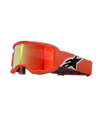 Alpinestars Vision 5 Corp Goggles, motorcross MX-bril, oranje frame met rood gespiegelde lens, brede oranje band met opvallend zwart-wit Astar-logo, 'ONE GOAL. ONE VISION.' branding op de lens en dik zwart comfortschuim.