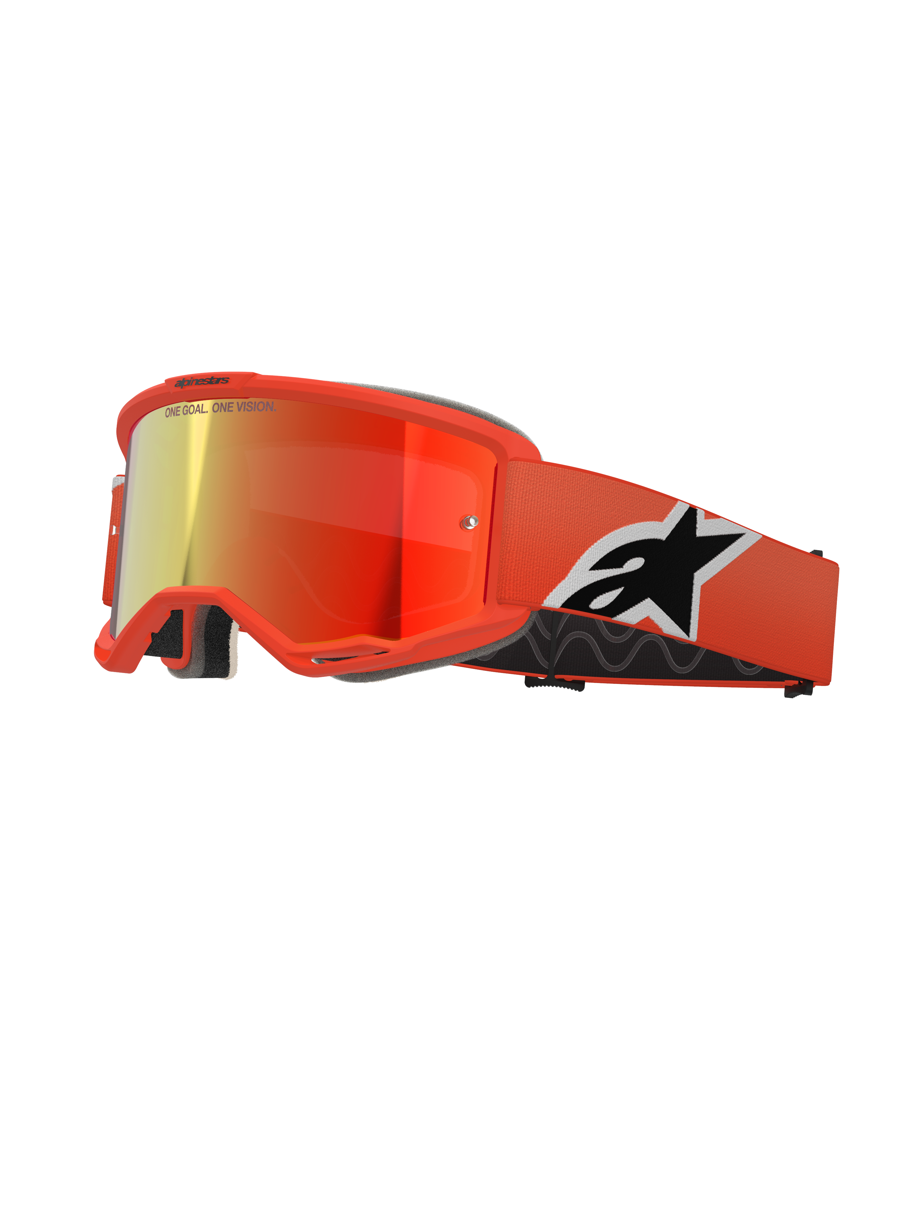 Alpinestars Vision 5 Corp Goggles, motorcross MX-bril, oranje frame met rood gespiegelde lens, brede oranje band met opvallend zwart-wit Astar-logo, 'ONE GOAL. ONE VISION.' branding op de lens en dik zwart comfortschuim.