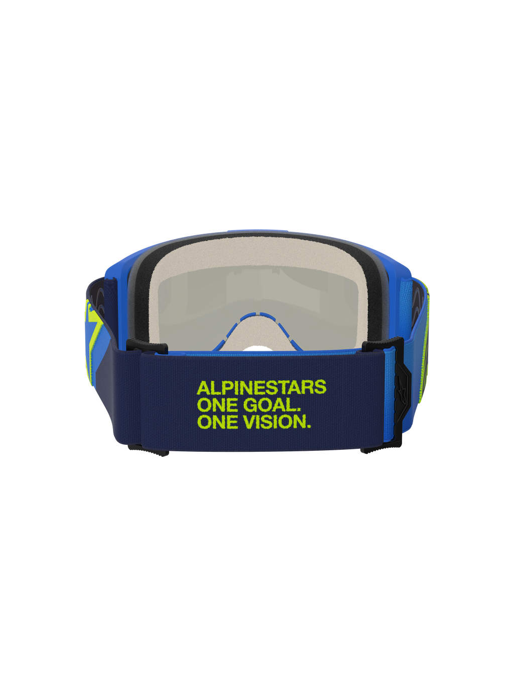 Alpinestars Vision 5 Corp Goggles, Blauw en Fluo Geel, achteraanzicht met donkerblauwe band en limoengroene 'Alpinestars One Goal One Vision' tekst, blauw frame en meerlaags gezichtsschuim, motorcross oogbescherming