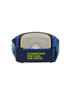Alpinestars Vision 5 Corp Goggles, Blauw en Fluo Geel, achteraanzicht met donkerblauwe band en limoengroene 'Alpinestars One Goal One Vision' tekst, blauw frame en meerlaags gezichtsschuim, motorcross oogbescherming