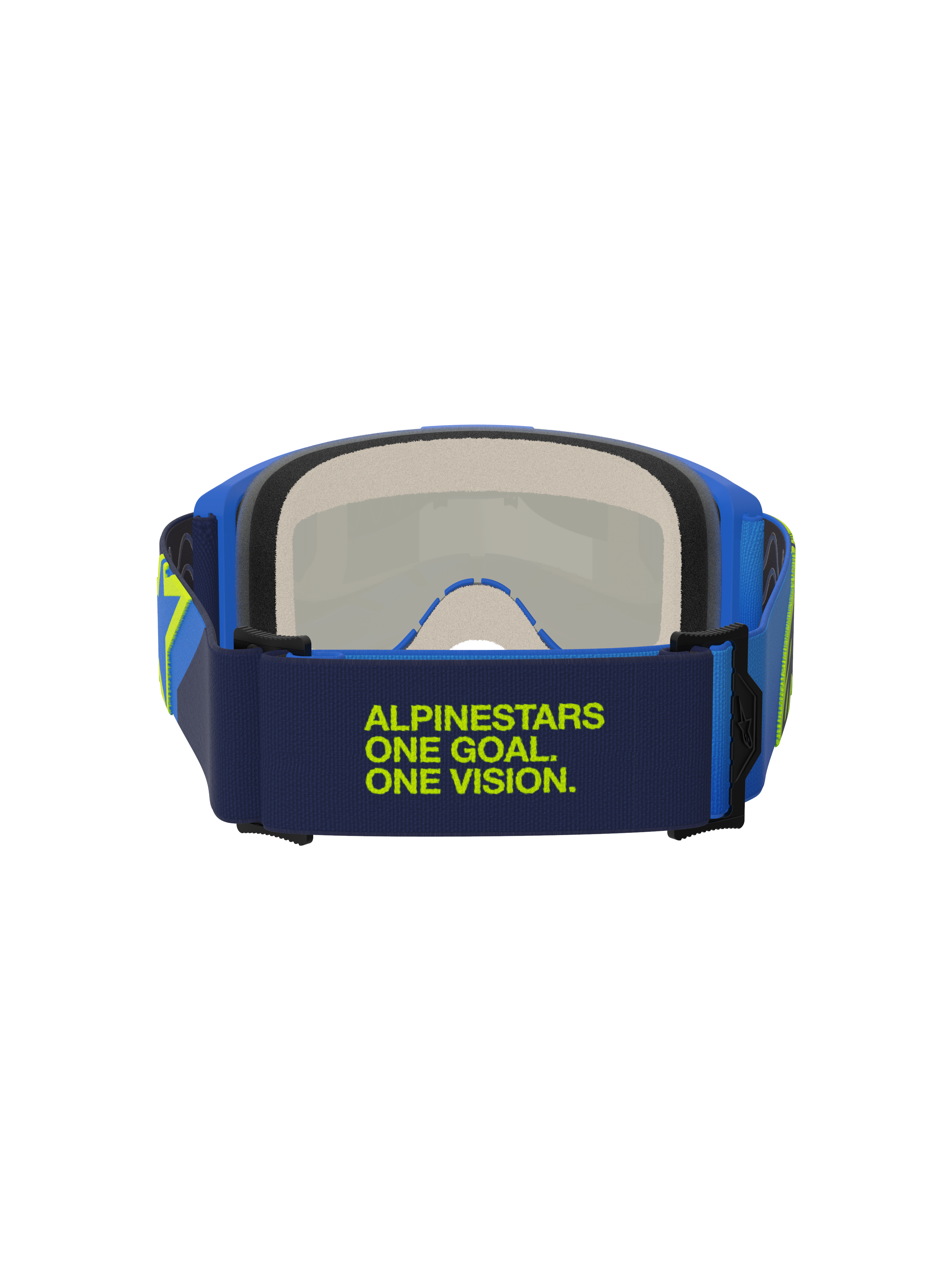 Alpinestars Vision 5 Corp Goggles, Blauw en Fluo Geel, achteraanzicht met donkerblauwe band en limoengroene 'Alpinestars One Goal One Vision' tekst, blauw frame en meerlaags gezichtsschuim, motorcross oogbescherming