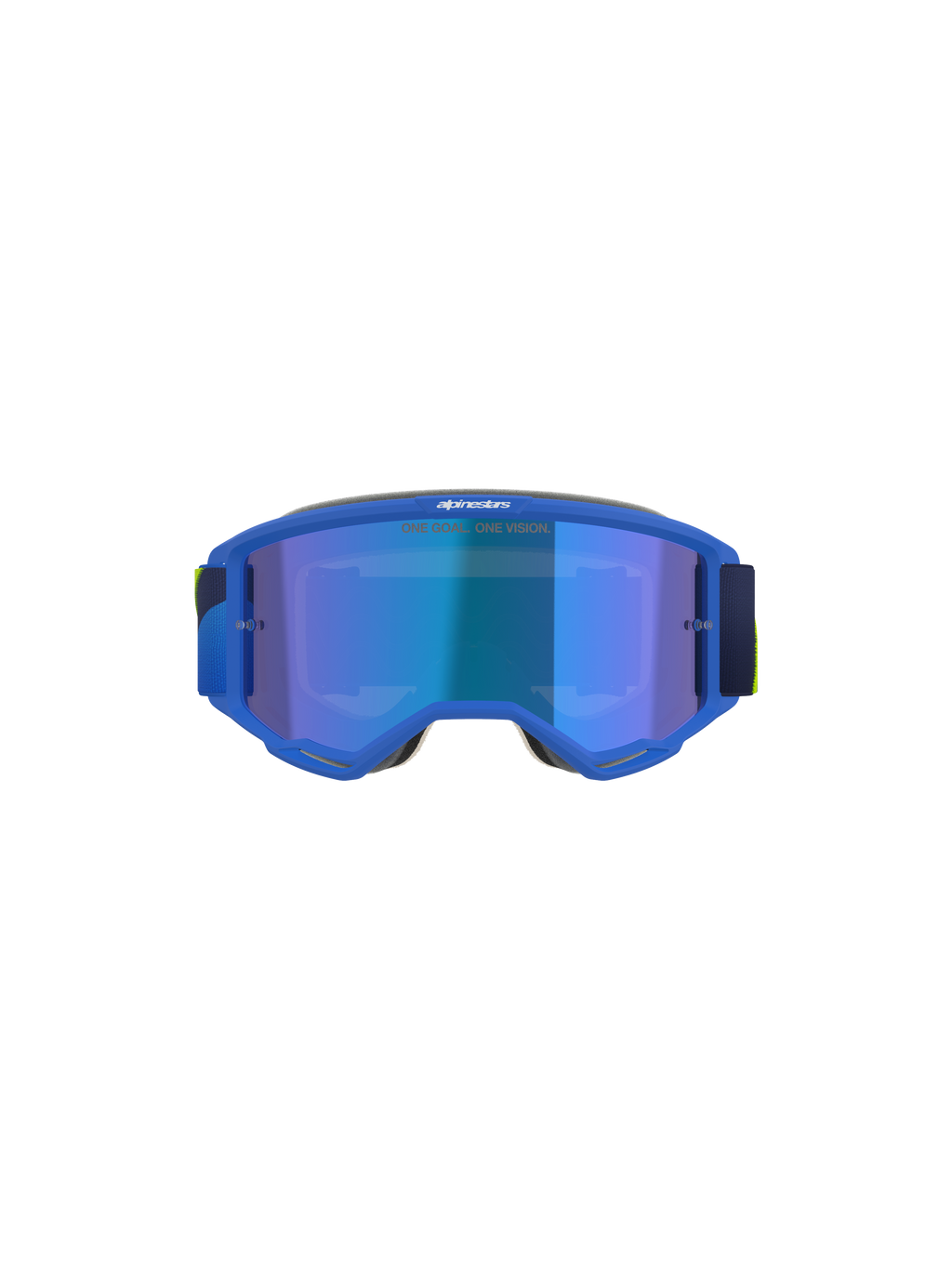Alpinestars Vision 5 Corp Goggles, motorcrossbril, blauw en fluogeel, Mirror Blue-lens met 'ONE GOAL. ONE VISION.' tekst, vooraanzicht, ultra-buigzaam A-FLEX urethaan frame, beschermende bril voor off-road prestaties