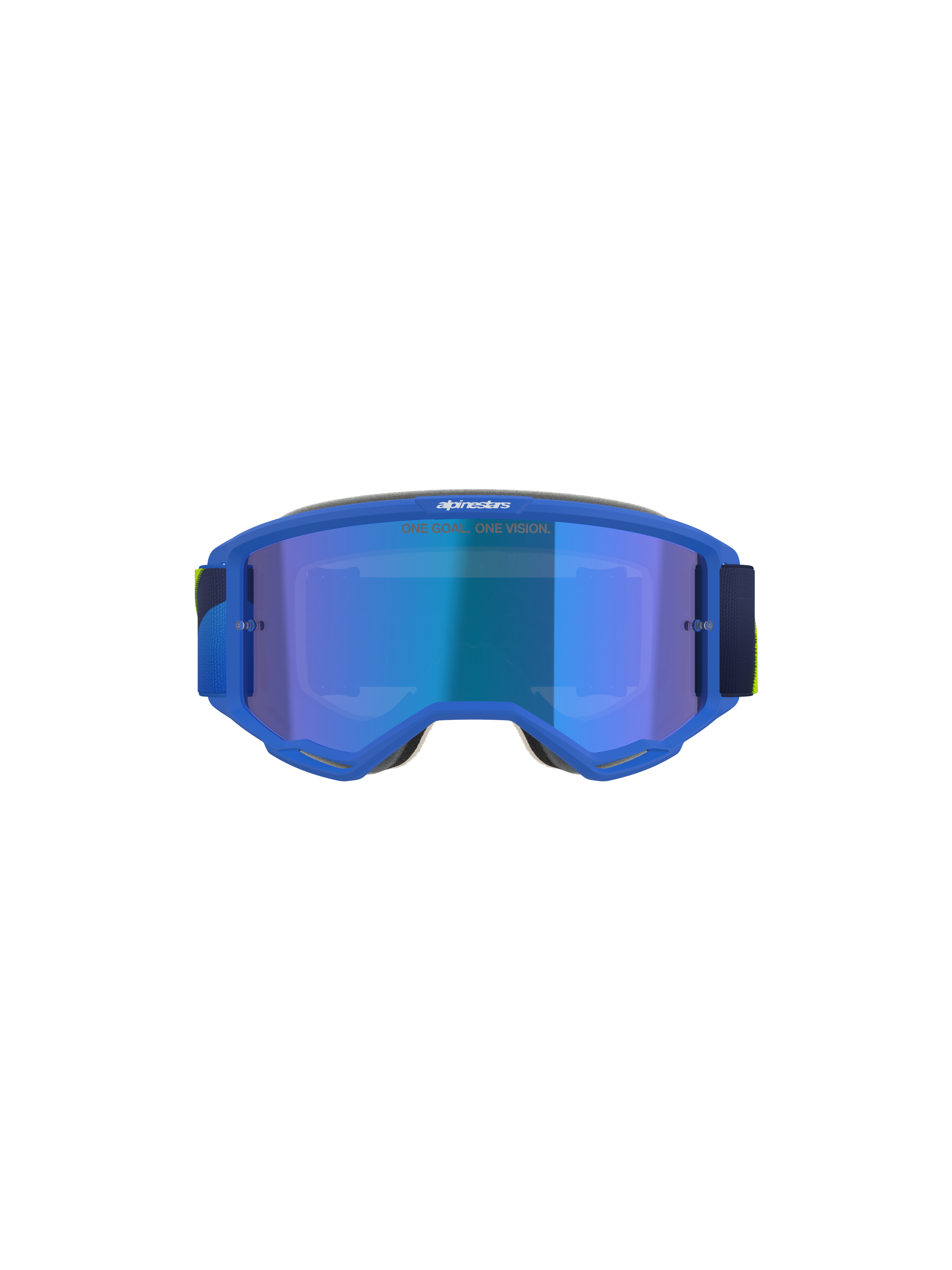 Alpinestars Vision 5 Corp Goggles, motorcrossbril, blauw en fluogeel, Mirror Blue-lens met 'ONE GOAL. ONE VISION.' tekst, vooraanzicht, ultra-buigzaam A-FLEX urethaan frame, beschermende bril voor off-road prestaties
