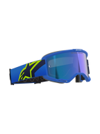 Alpinestars Vision 5 Corp Goggles, motorcrossbril, blauw en fluogeel met Mirror Blue lens, blauwe band met een groot fluogeel sterlogo, 'ONE GOAL. ONE VISION.' tekst op de lens, professionele off-road oogbescherming