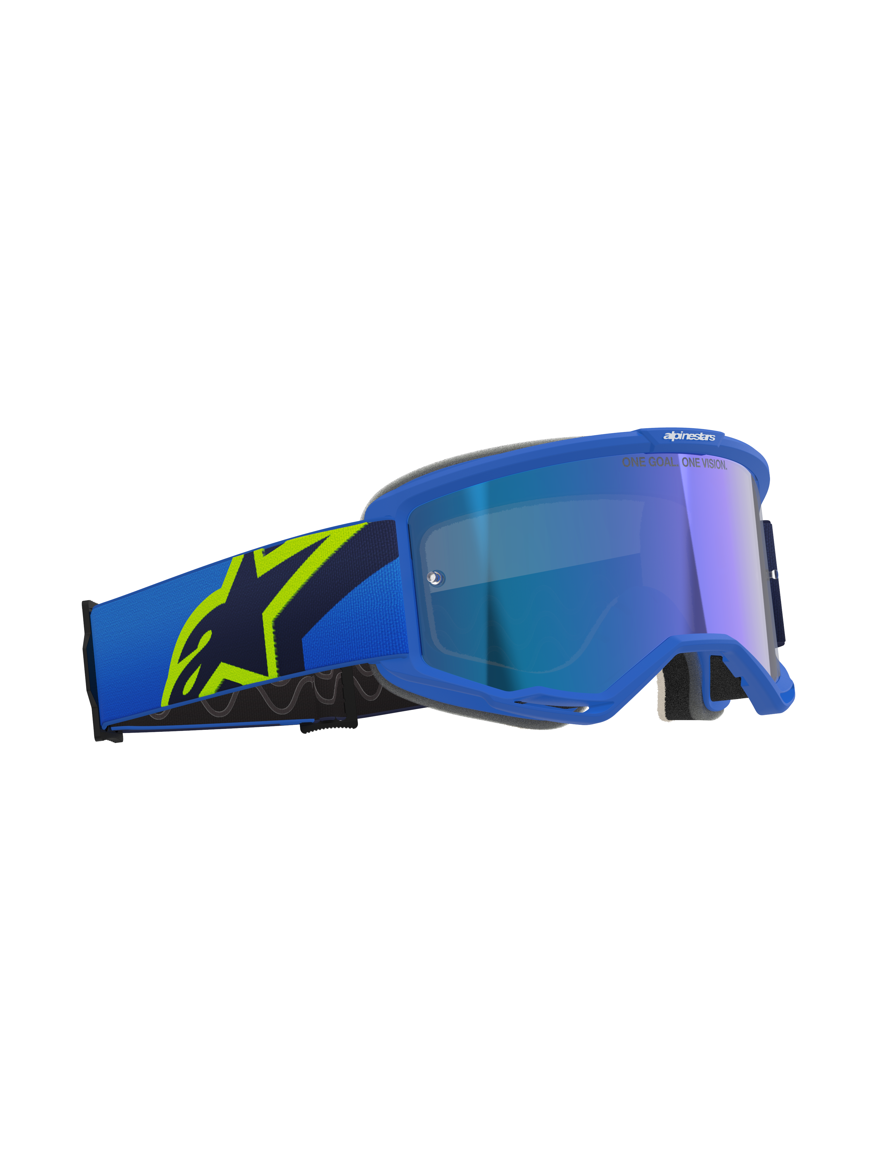 Alpinestars Vision 5 Corp Goggles, motorcrossbril, blauw en fluogeel met Mirror Blue lens, blauwe band met een groot fluogeel sterlogo, 'ONE GOAL. ONE VISION.' tekst op de lens, professionele off-road oogbescherming