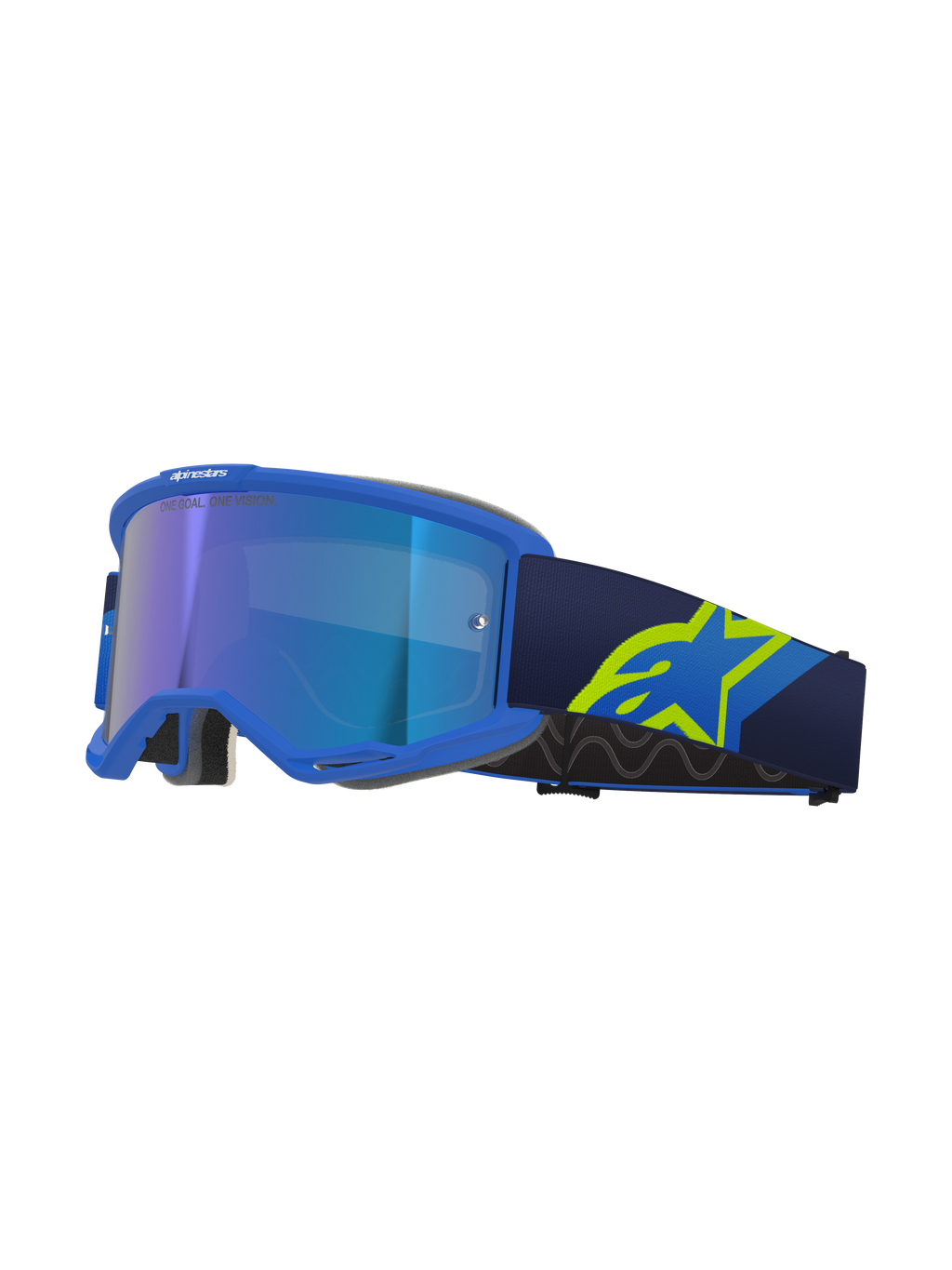 Alpinestars Vision 5 Corp crossbril, motorcrossbril, blauw frame met spiegelende blauwe lens, marineblauwe band met groot neongeel A-star logo, zijaanzicht met geventileerd frame en grijs gezichtsschuim, "ONE GOAL. ONE VISION." branding